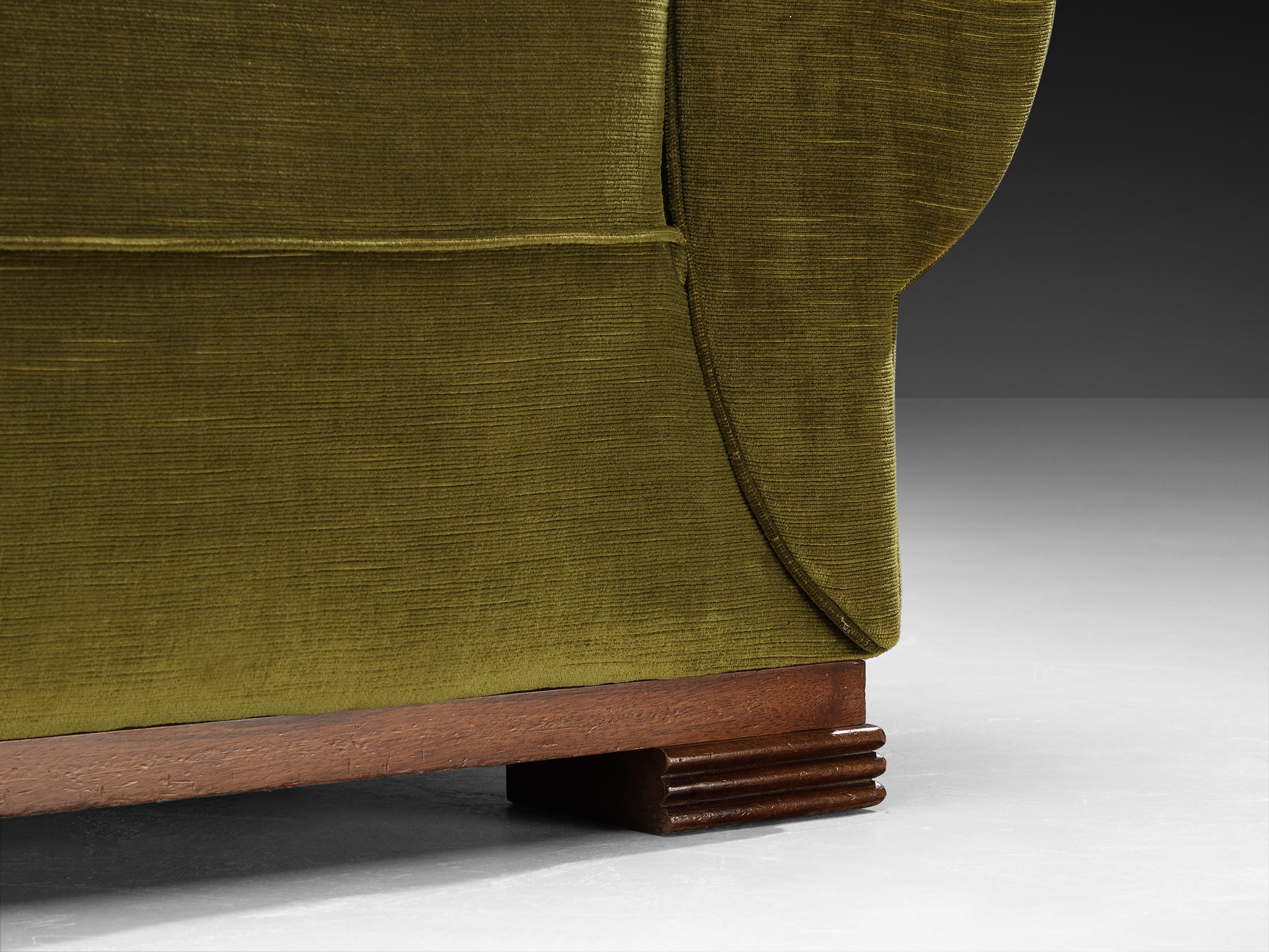 René Drouet Pair of Lounge Chairs in Olive Green Corduroy and Walnut Seating Morentz