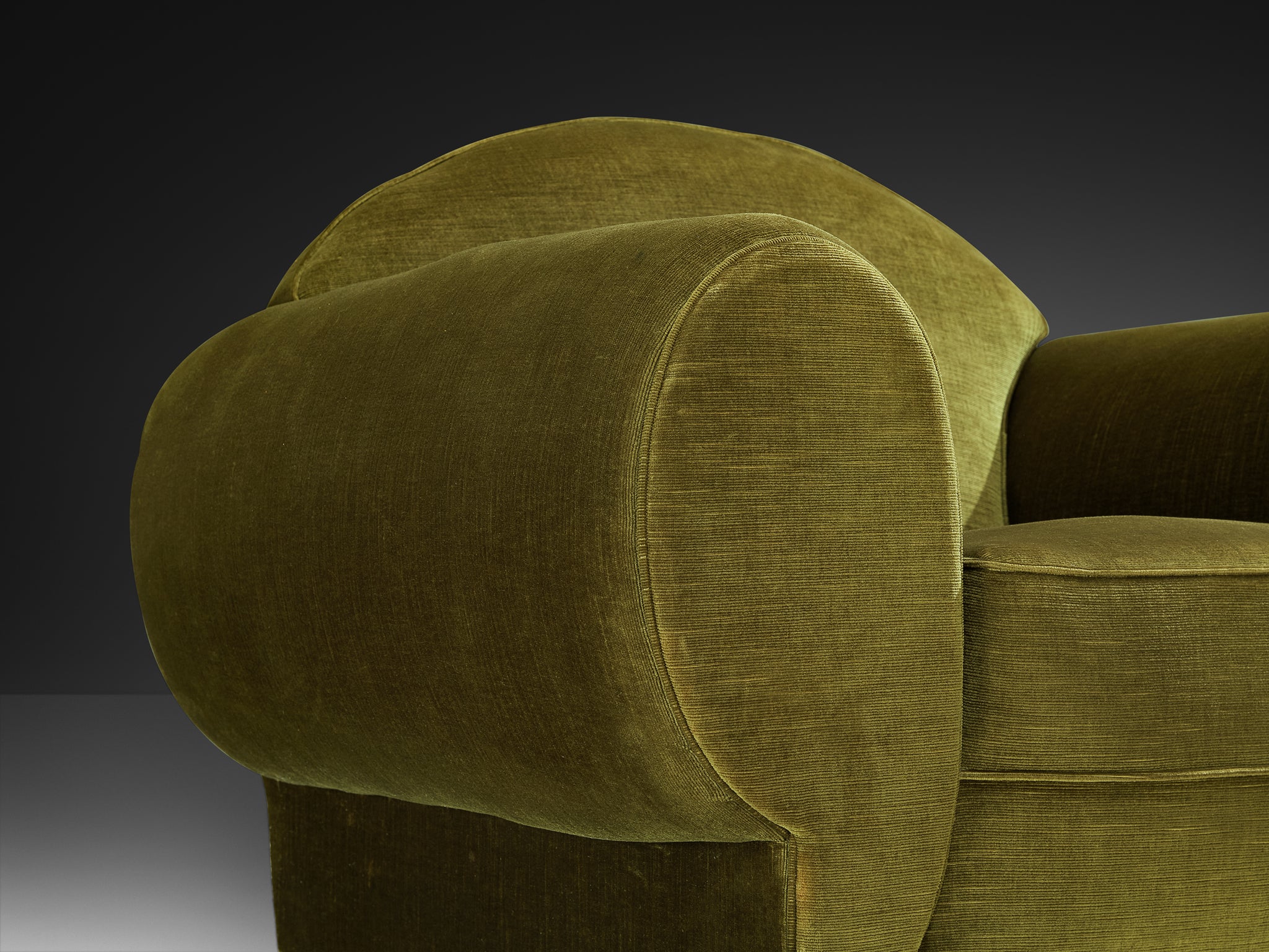 René Drouet Pair of Lounge Chairs in Olive Green Corduroy and Walnut Seating Morentz