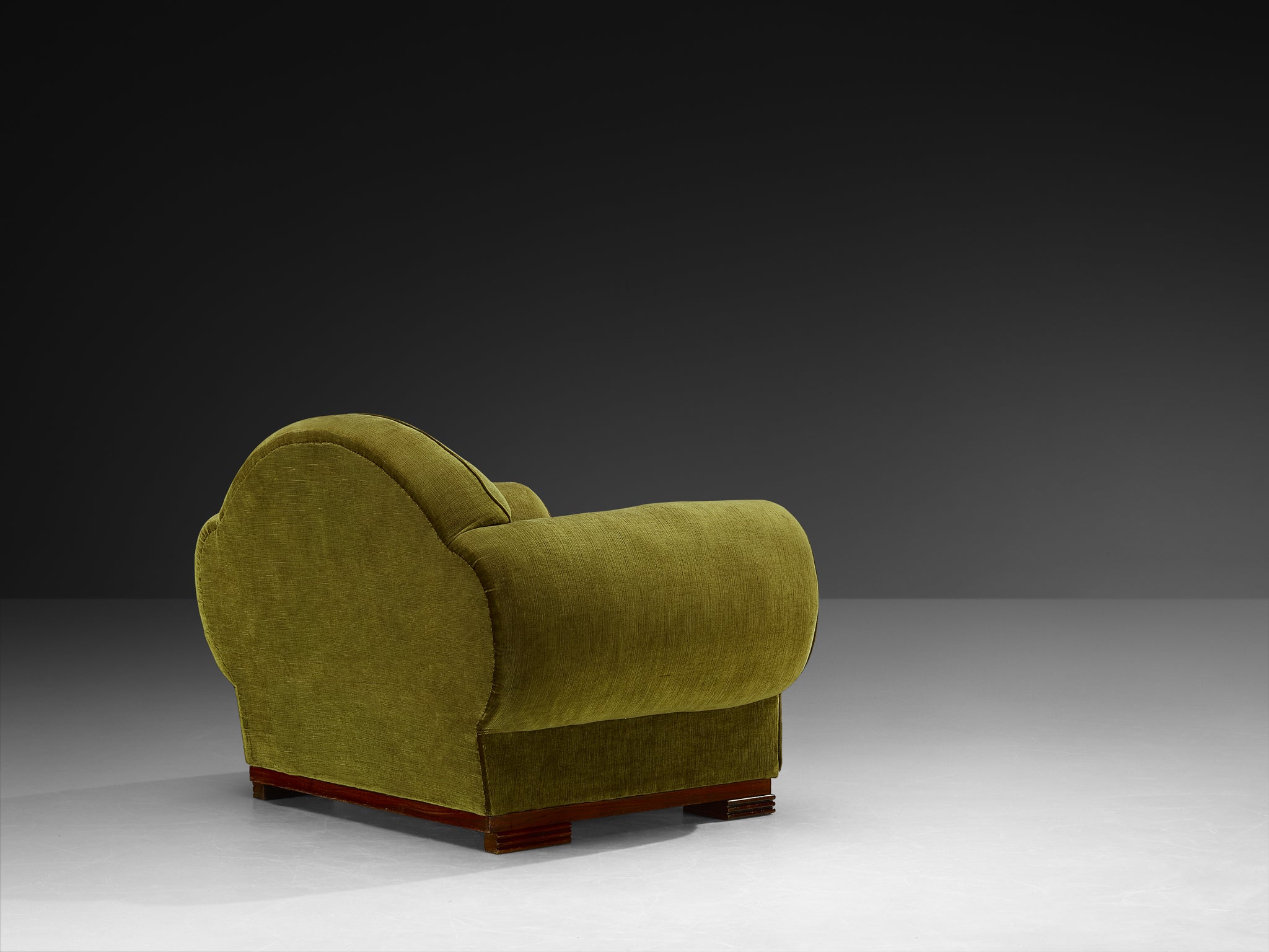 René Drouet Pair of Lounge Chairs in Olive Green Corduroy and Walnut Seating Morentz