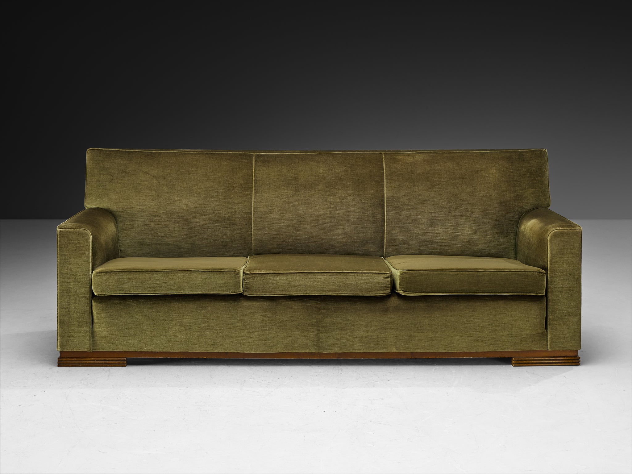 Rare René Drouet Three-Seat Sofa in Olive Green Velvet and Walnut Seating Morentz