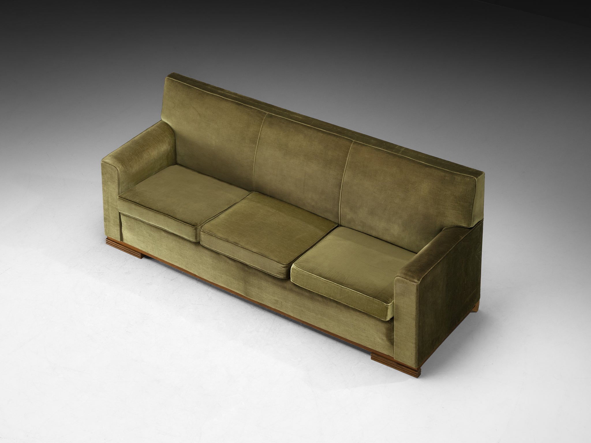 Rare René Drouet Three-Seat Sofa in Olive Green Velvet and Walnut Seating Morentz