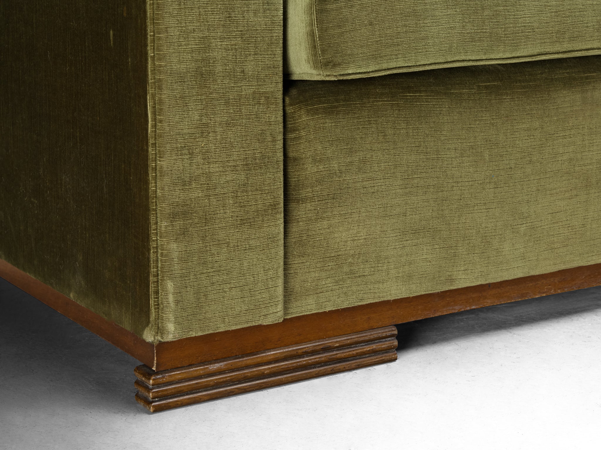 Rare René Drouet Three-Seat Sofa in Olive Green Velvet and Walnut Seating Morentz