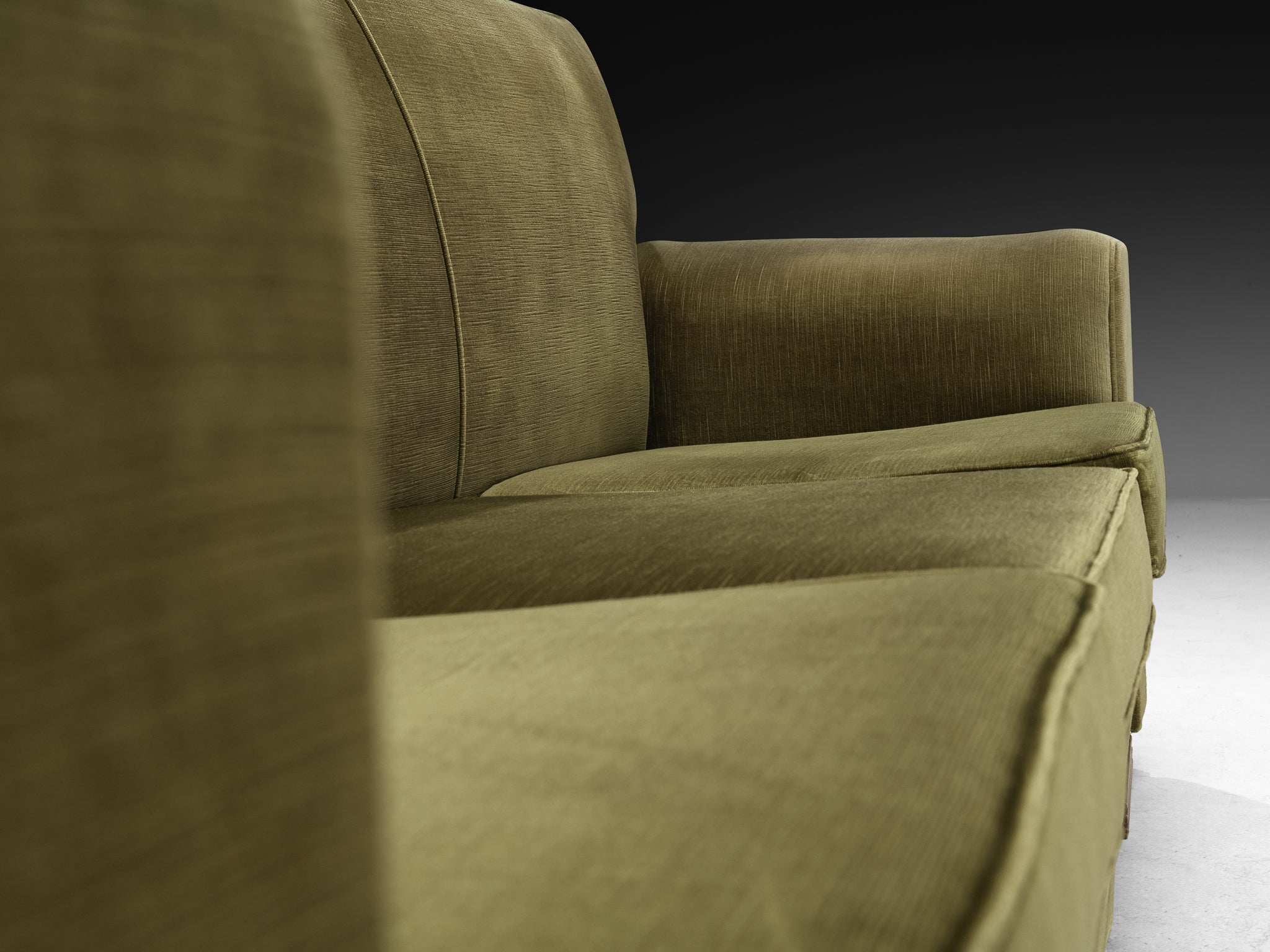 Rare René Drouet Three-Seat Sofa in Olive Green Velvet and Walnut Seating Morentz