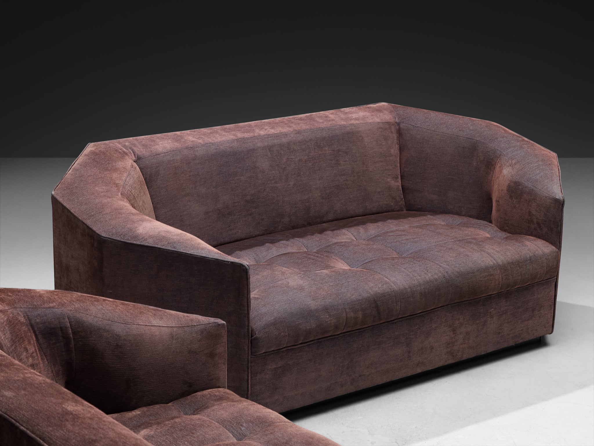 Rare Gérard Gallet for Mobilier International Faceted Hexagonal Sofas Seating Morentz