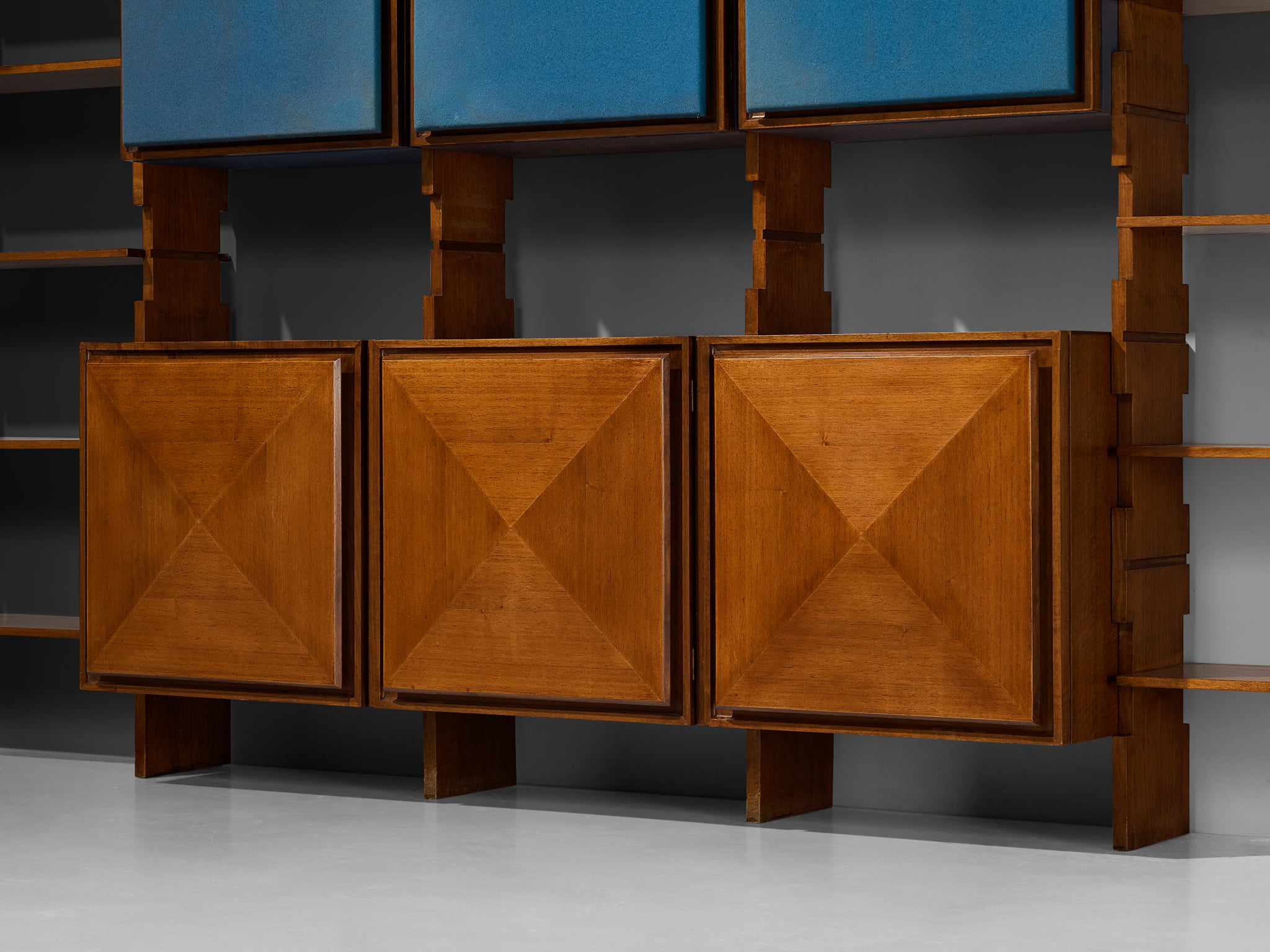 Mid-Century Italian Grand Wall Unit in Walnut with Blue Accents Case pieces and storage cabinets Morentz