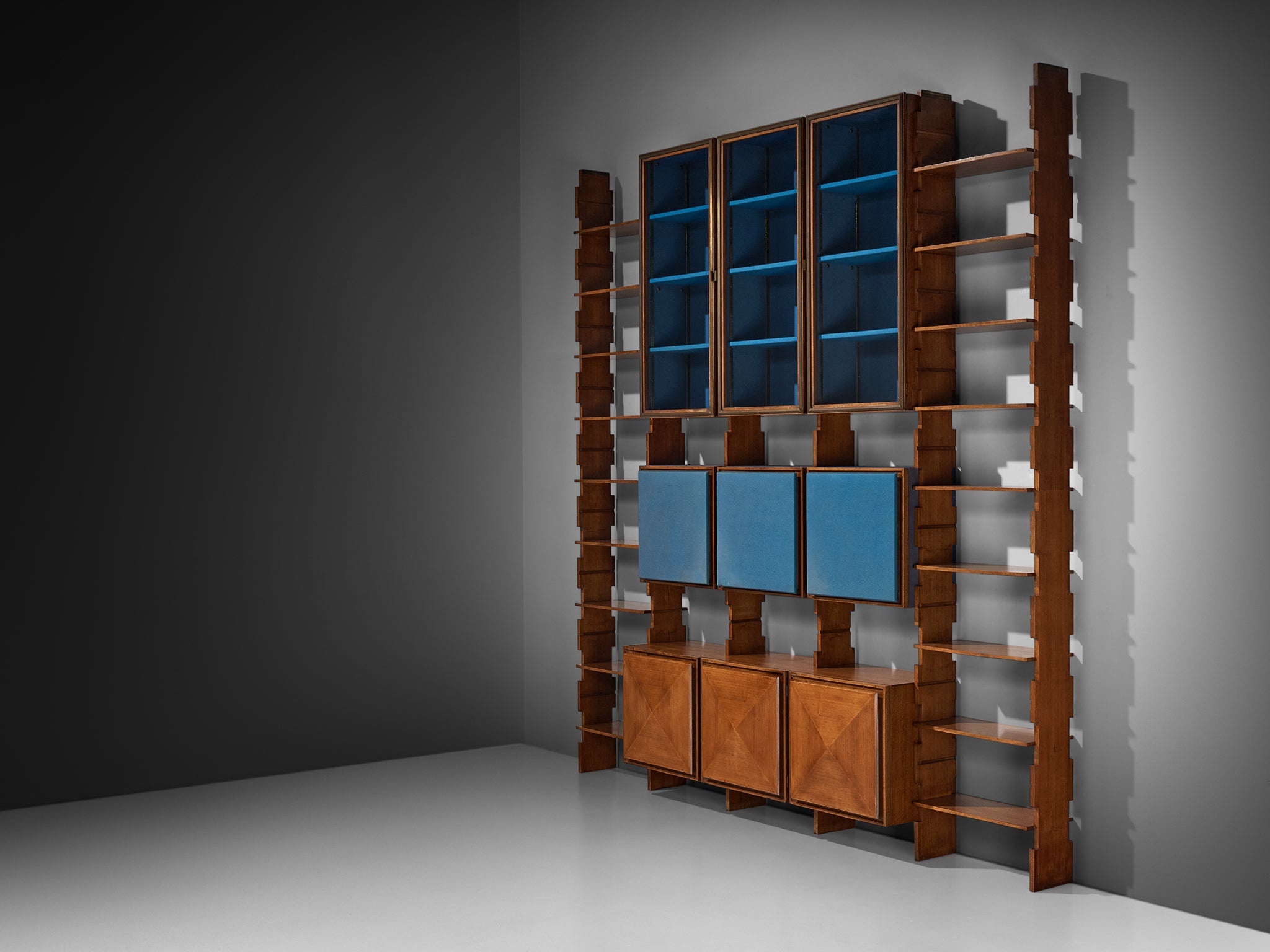 Mid-Century Italian Grand Wall Unit in Walnut with Blue Accents Case pieces and storage cabinets Morentz