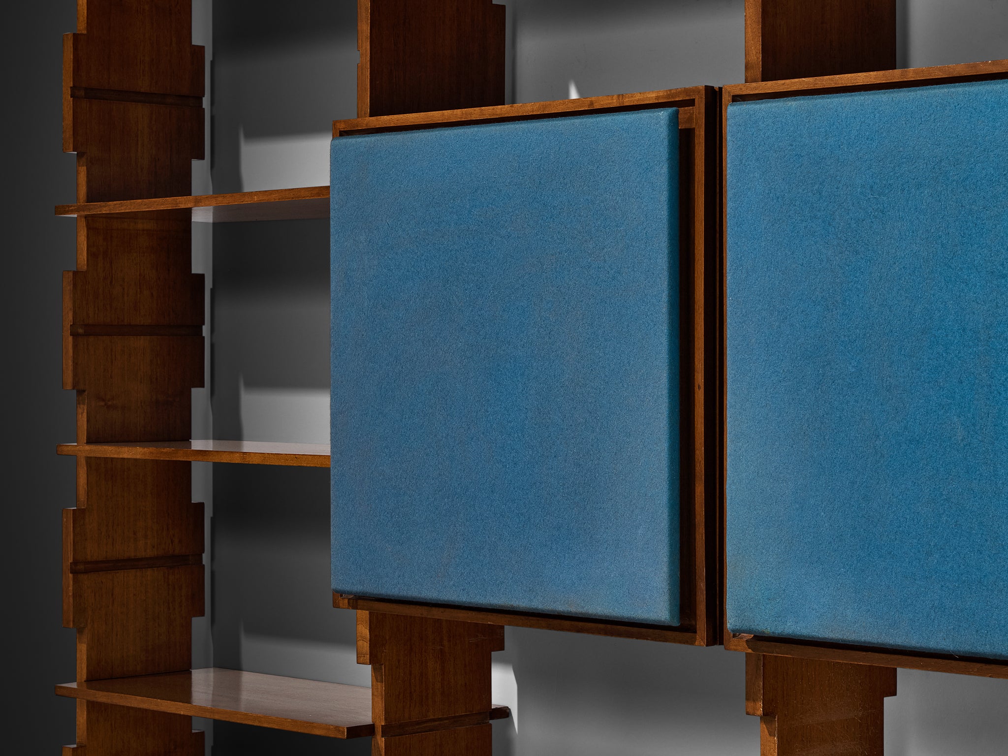 Mid-Century Italian Grand Wall Unit in Walnut with Blue Accents Case pieces and storage cabinets Morentz