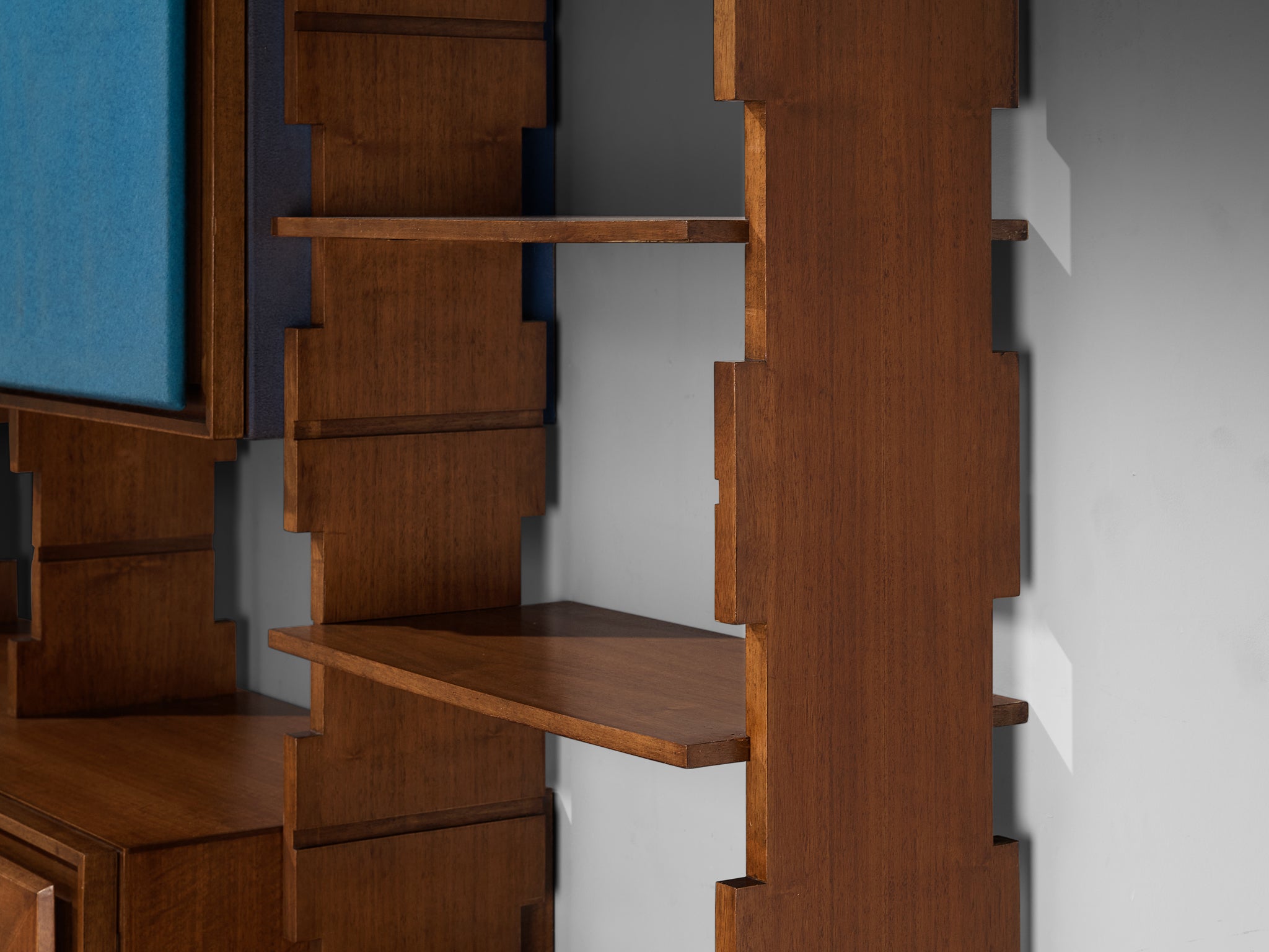 Mid-Century Italian Grand Wall Unit in Walnut with Blue Accents Case pieces and storage cabinets Morentz