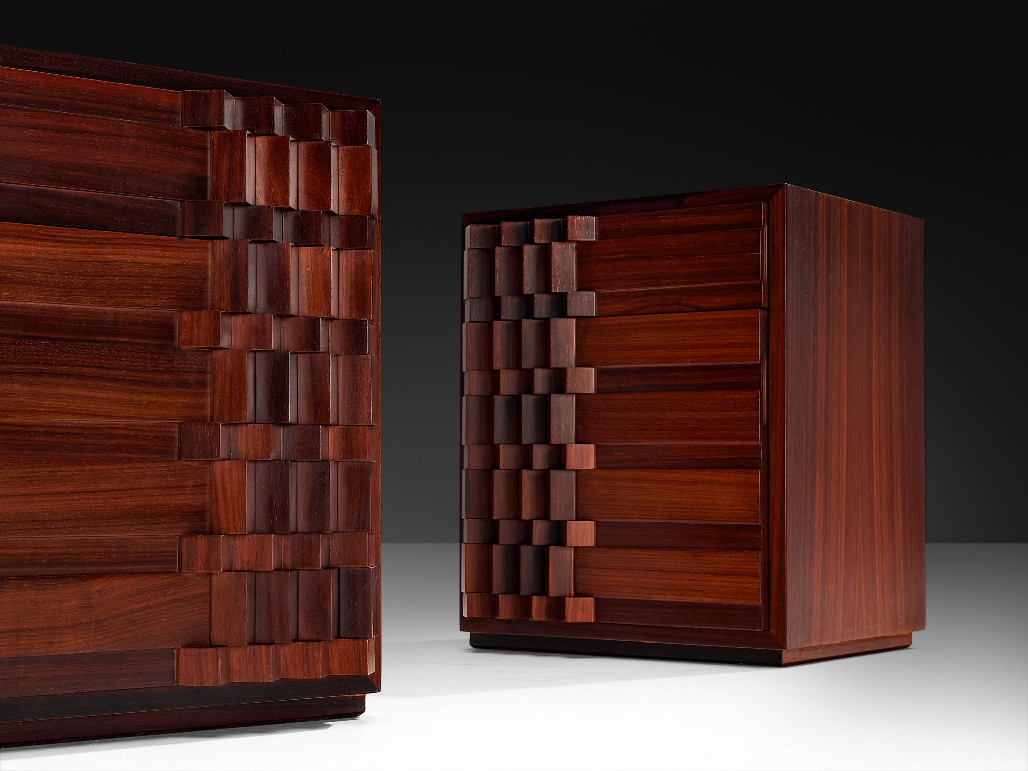 Luciano Frigerio 'Diamante' Pair of Bed Tables with Cubist Graphic Front Case pieces and storage cabinets Morentz