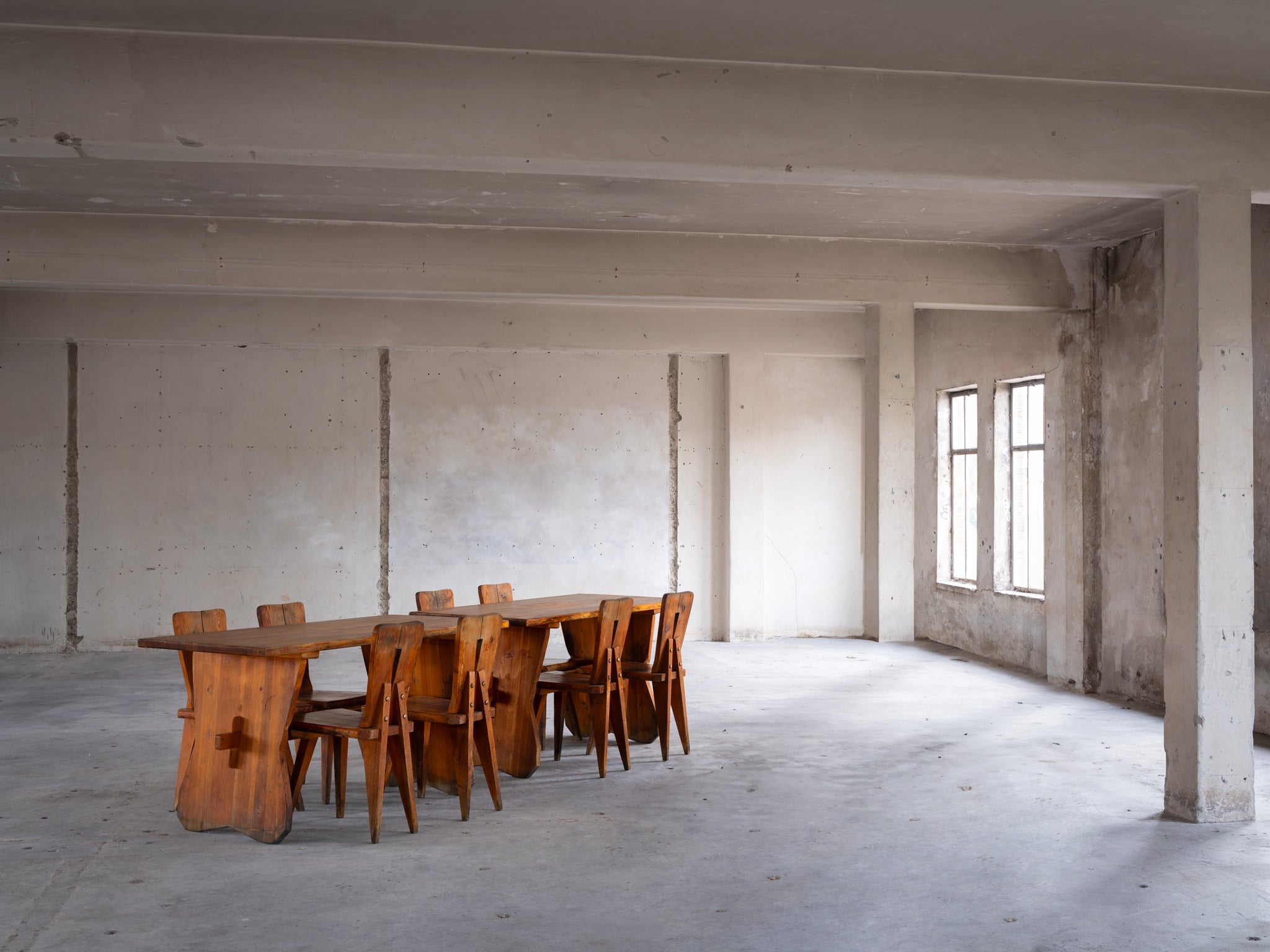 1950s Sculptural French Chalet Set of Carved Tables and Chairs in Solid Pine