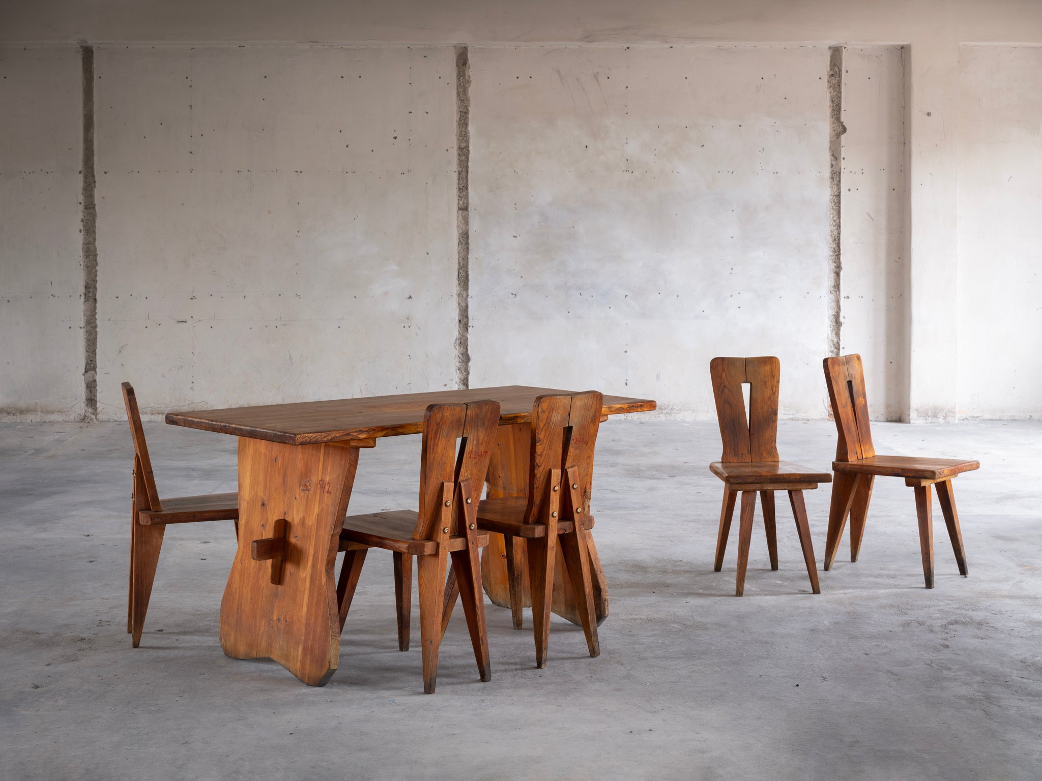 1950s Sculptural French Chalet Set of Carved Tables and Chairs in Solid Pine