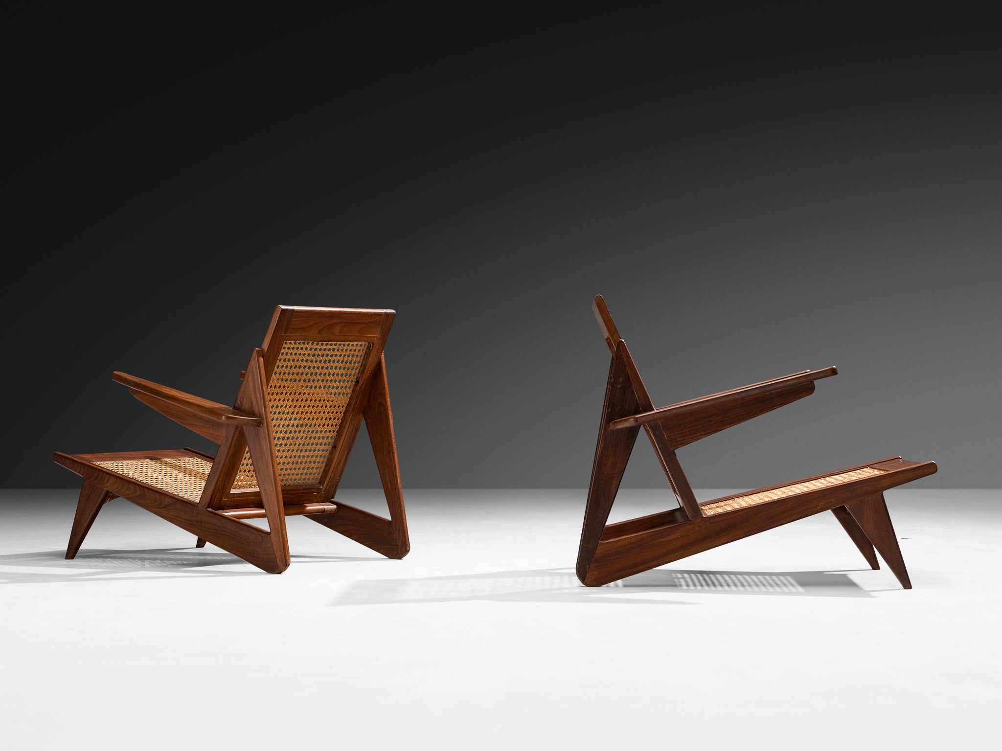 French Mid-Century Angular Lounge Chairs in Teak and Cane Seating Morentz