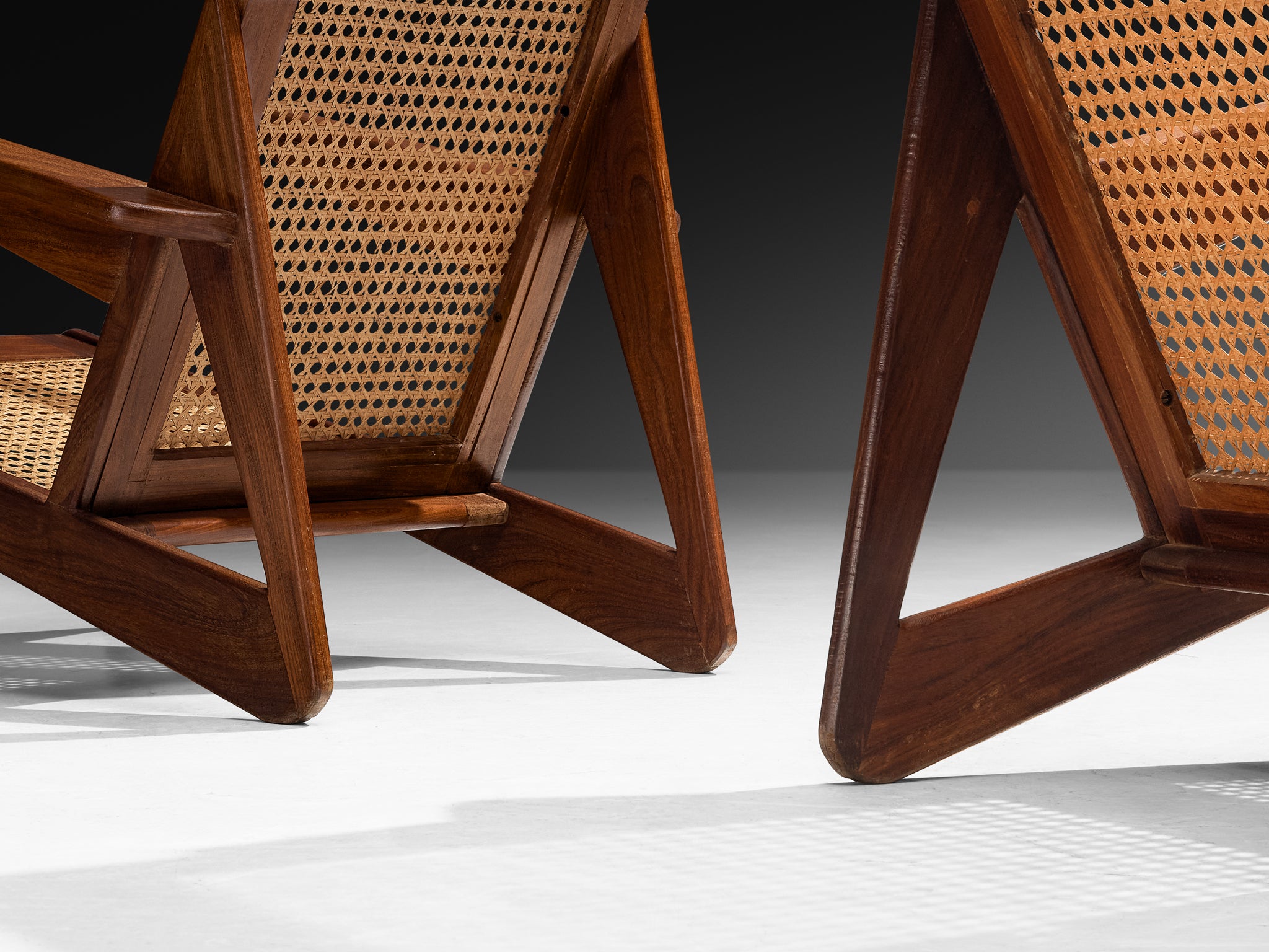 French Mid-Century Angular Lounge Chairs in Teak and Cane Seating Morentz