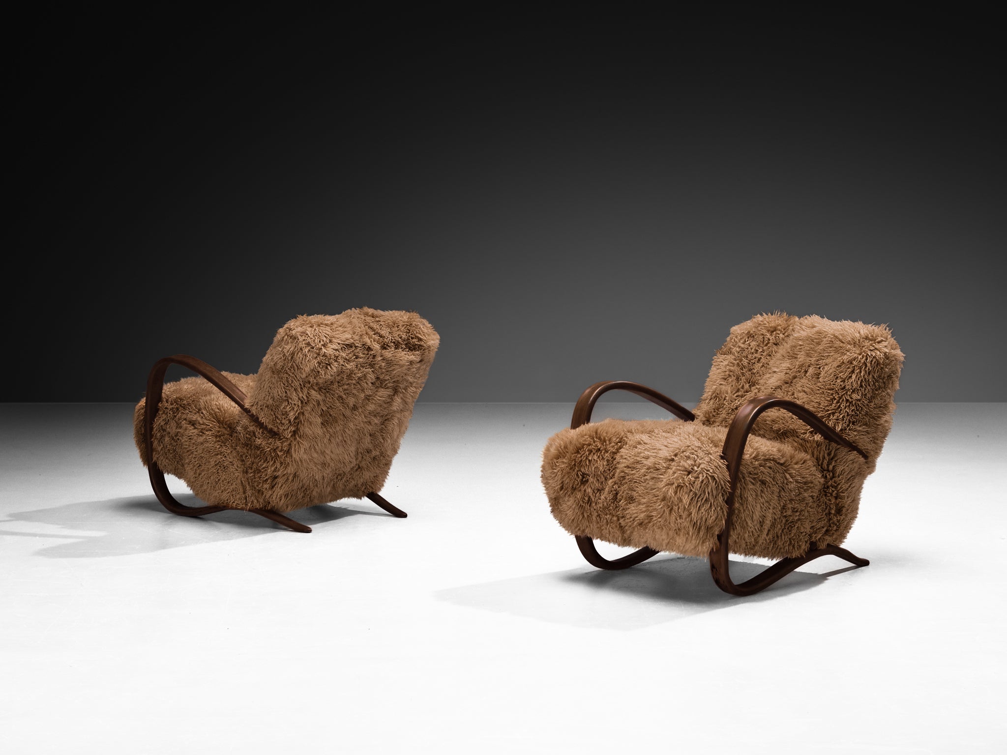 Jindřich Halabala Lounge Chairs in Brown Tibetan Lambswool Seating Morentz