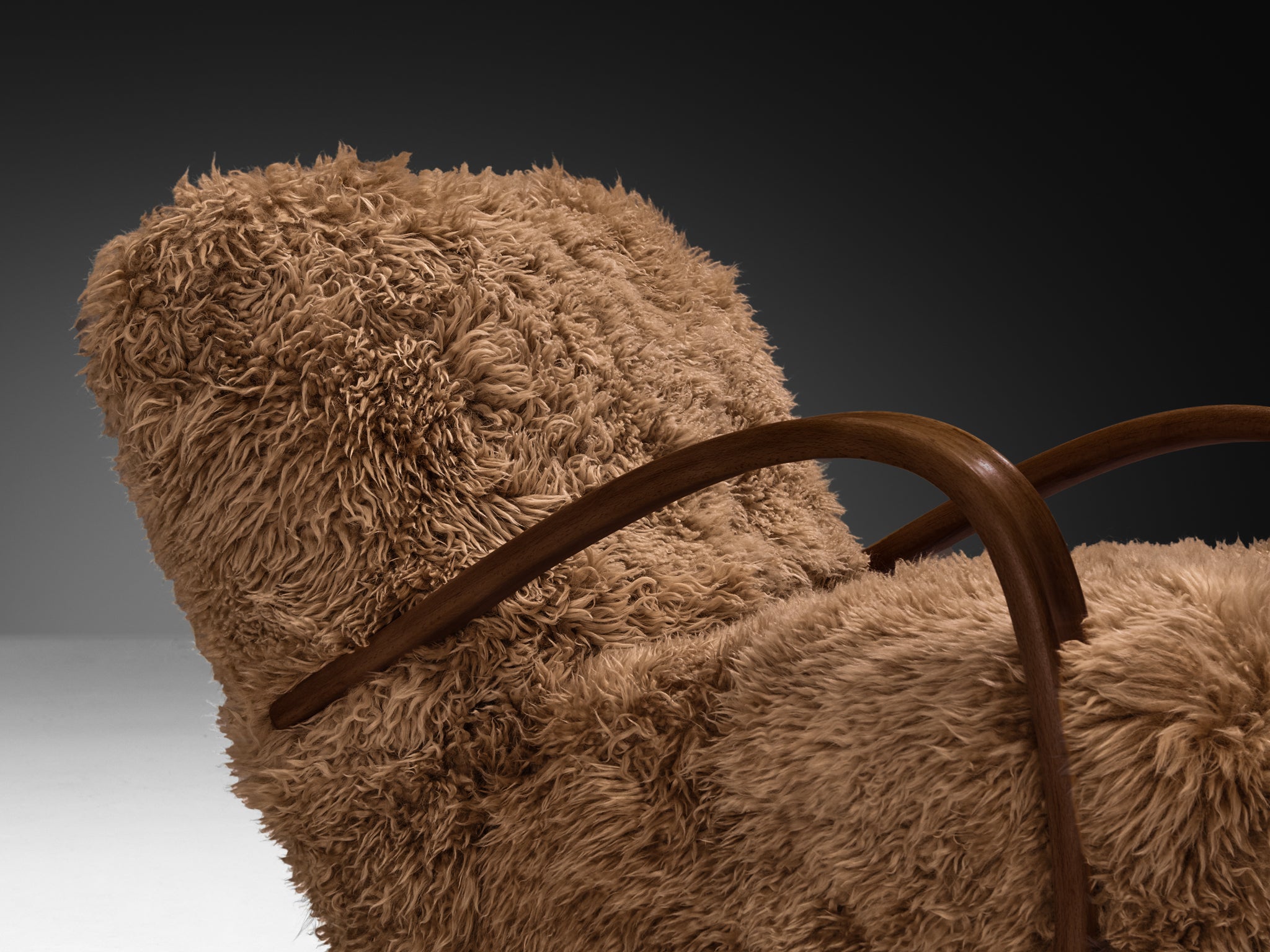 Jindřich Halabala Lounge Chairs in Brown Tibetan Lambswool Seating Morentz