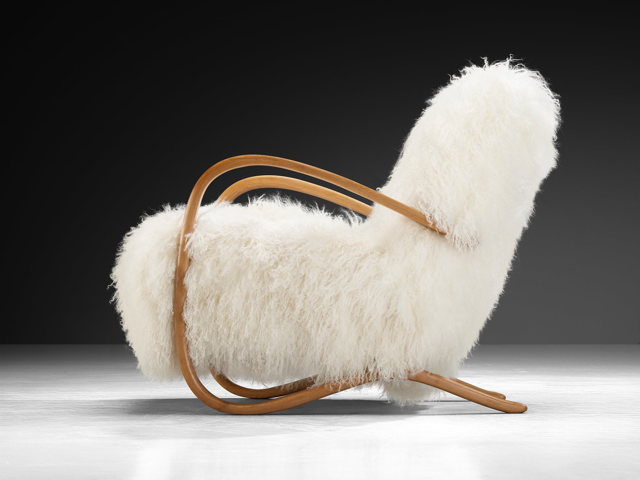 Jindřich Halabala Lounge Chairs in White Tibetan Lambswool Seating Morentz