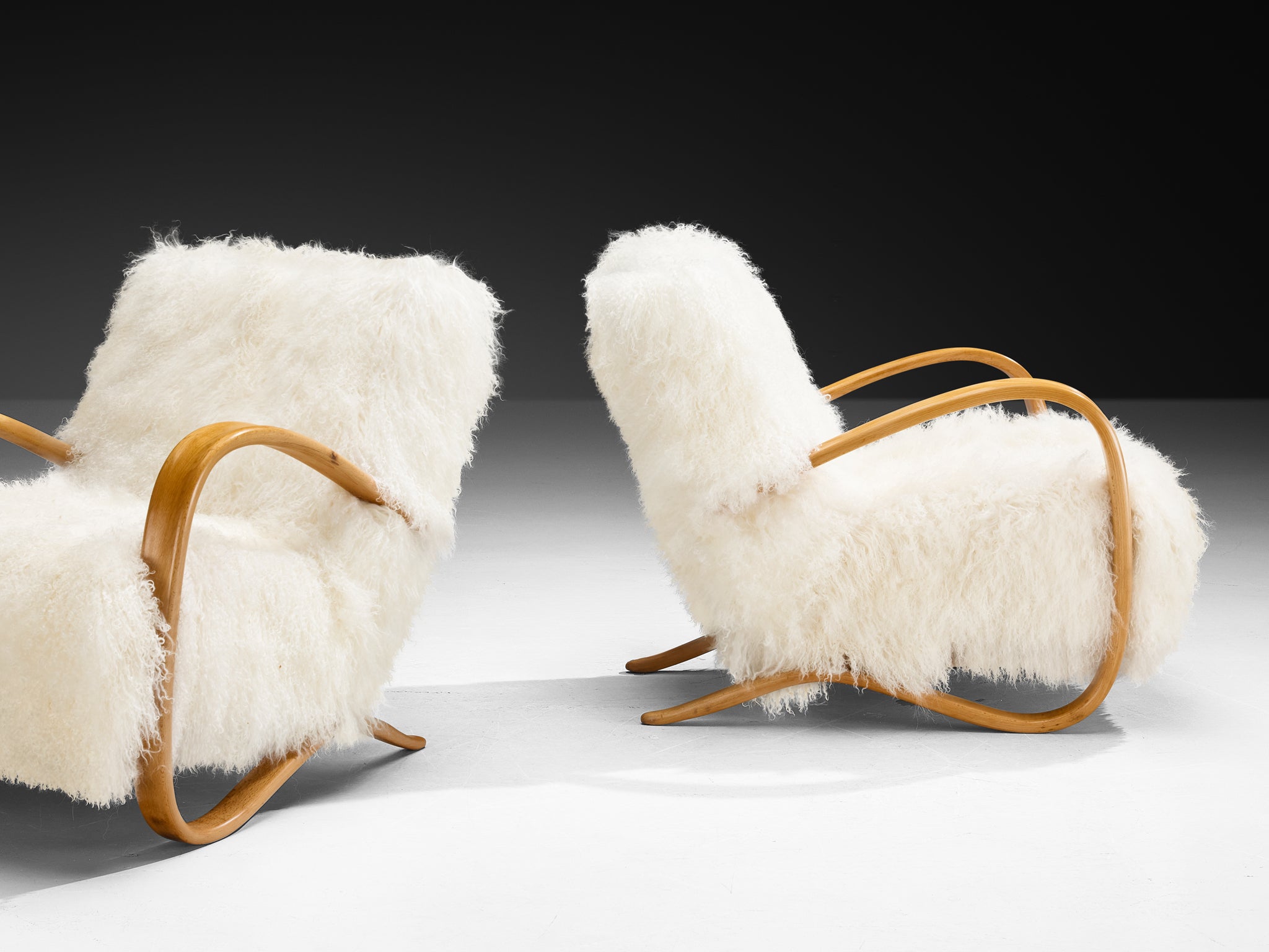 Jindřich Halabala Lounge Chairs in White Tibetan Lambswool Seating Morentz