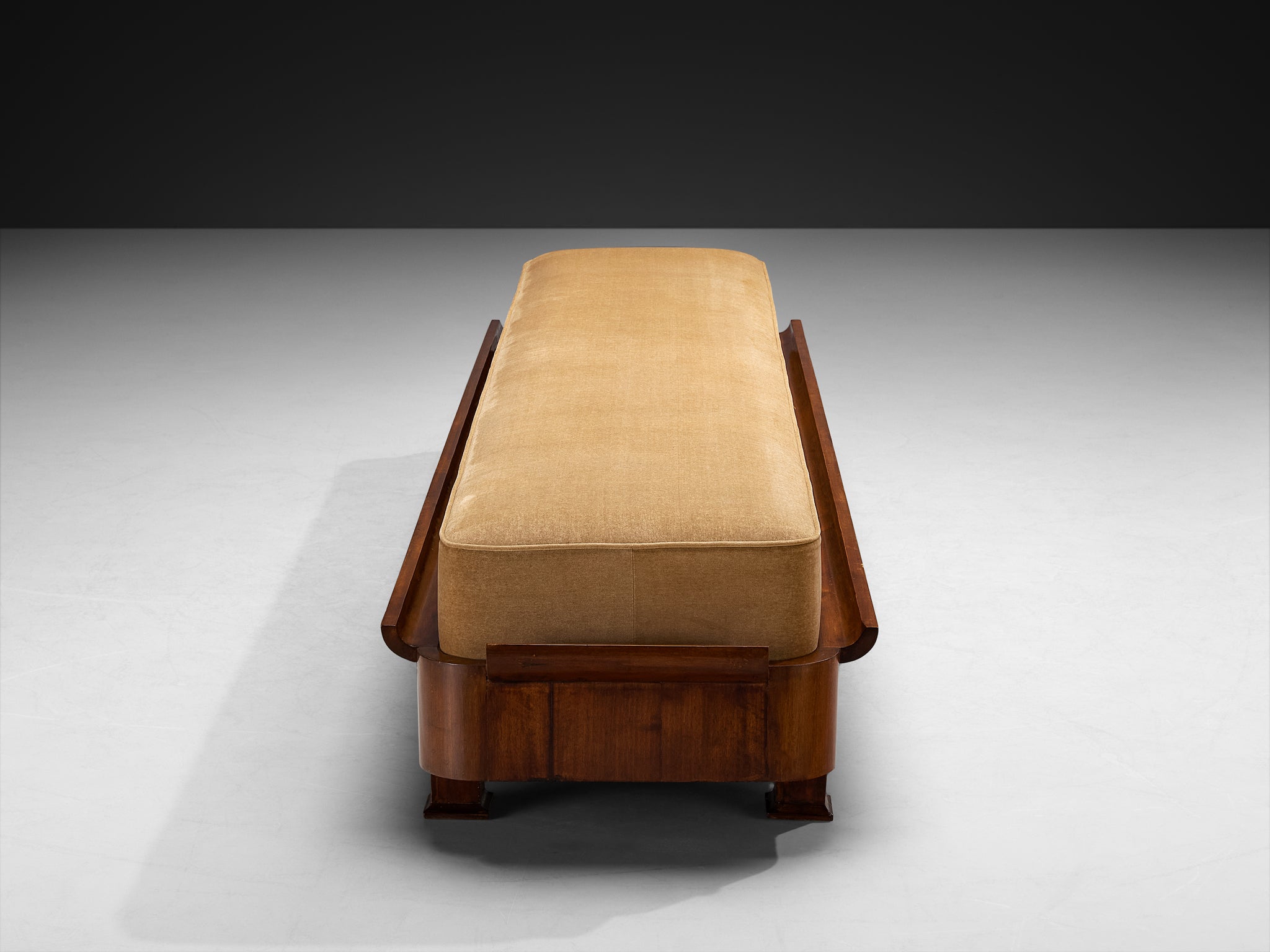 Italian Art Deco Large Bench in Mahogany and Brown Mohair Fabric