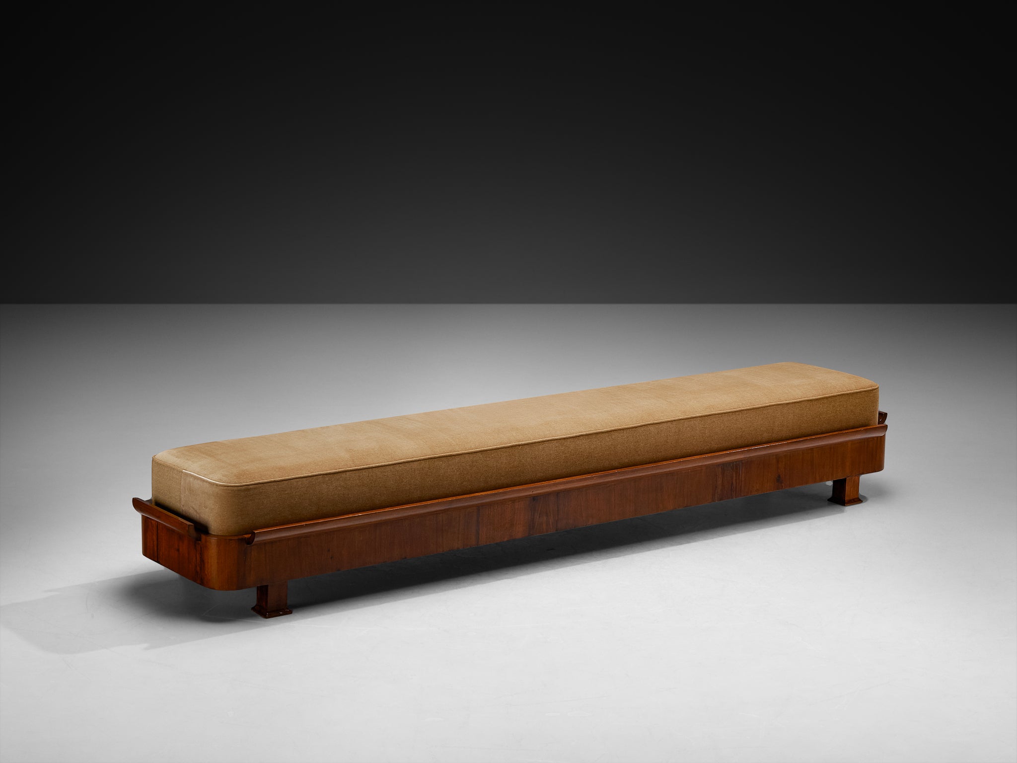 Italian Art Deco Large Bench in Mahogany and Brown Mohair Fabric