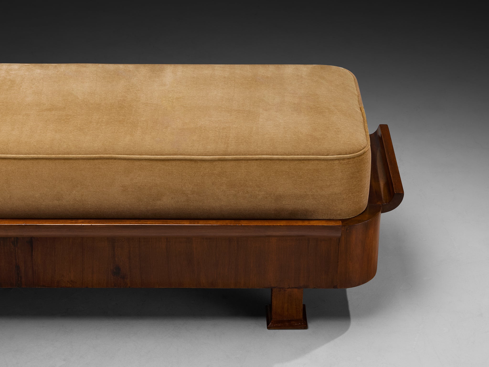 Italian Art Deco Large Bench in Mahogany and Brown Mohair Fabric