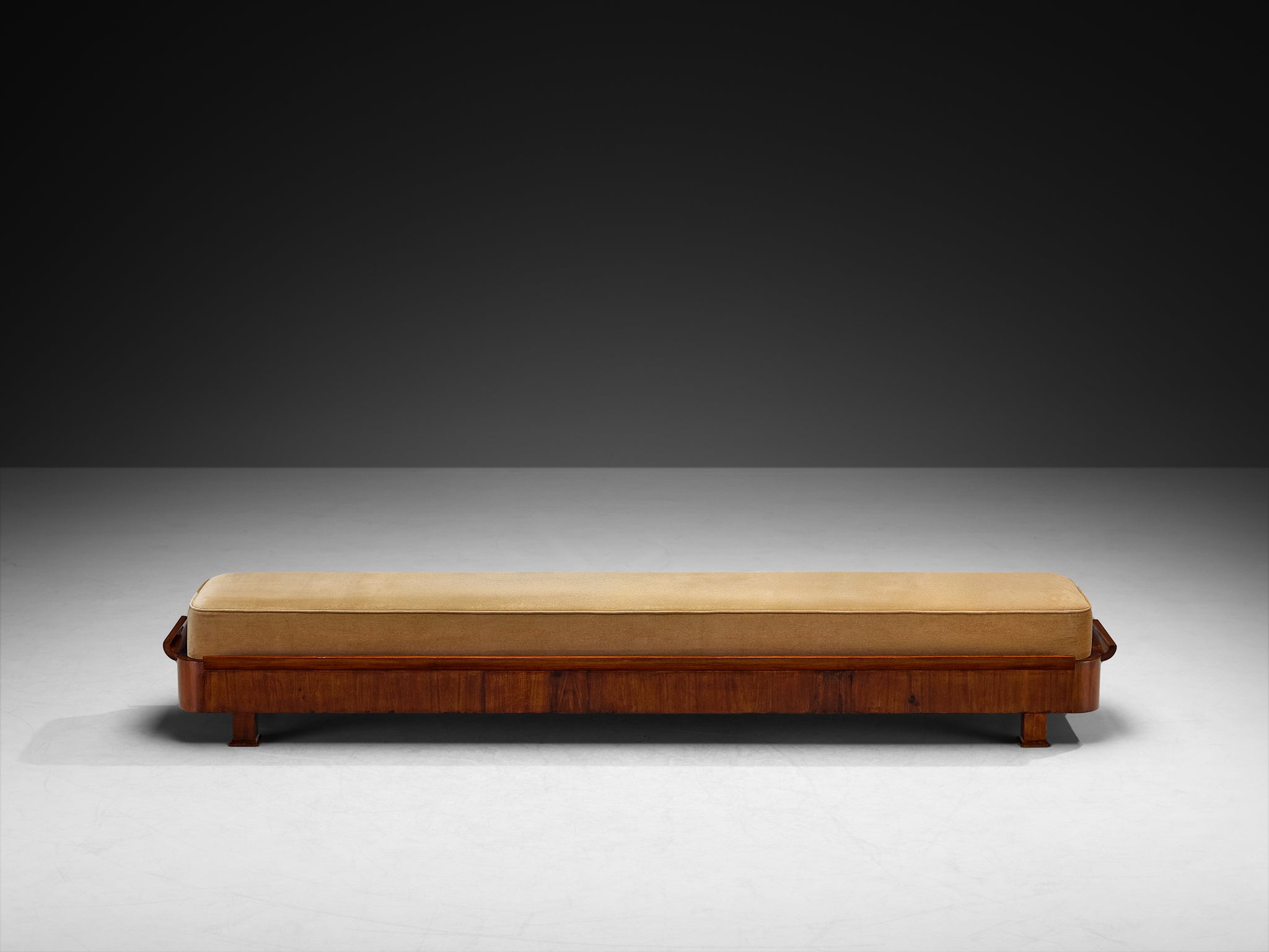 Italian Art Deco Large Bench in Mahogany and Brown Mohair Fabric