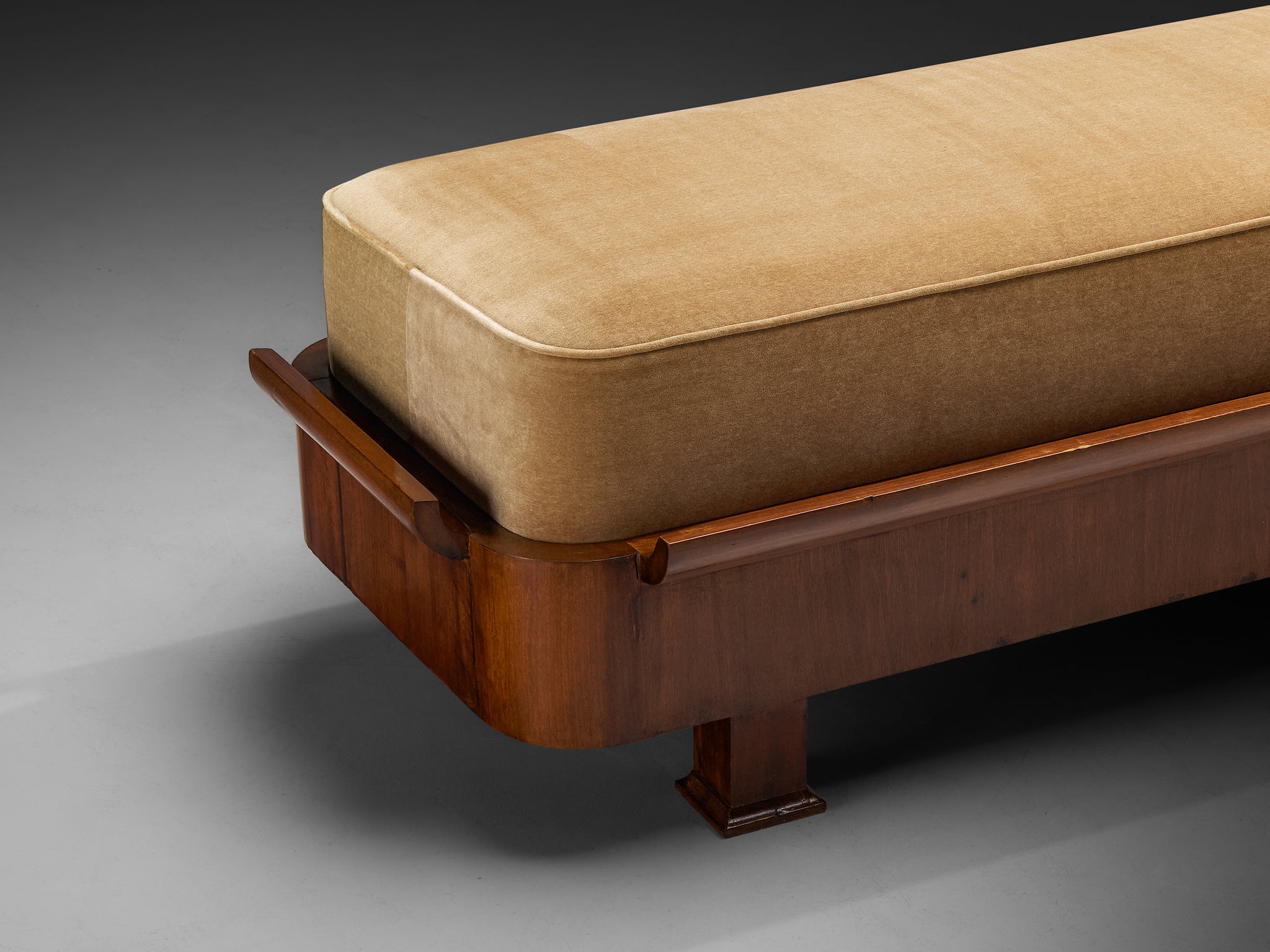 Italian Art Deco Large Bench in Mahogany and Brown Mohair Fabric Seating Morentz