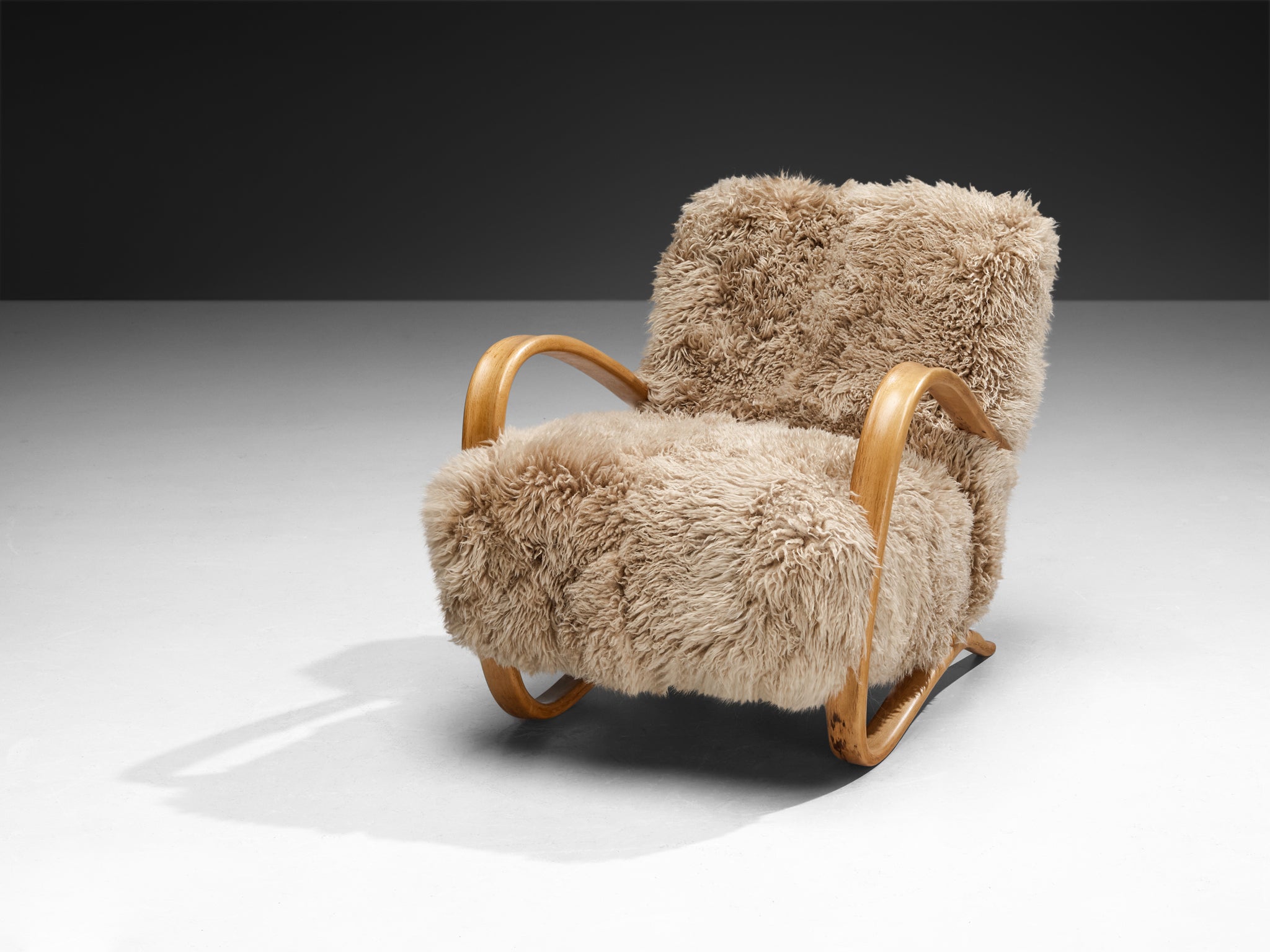 Jindřich Halabala Lounge Chairs in Beige Tibetan Lambswool Seating Morentz