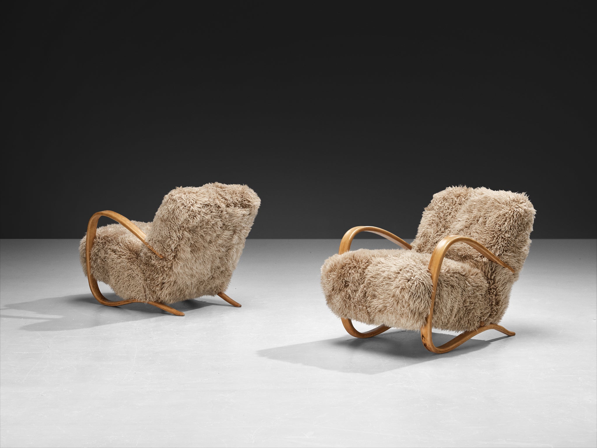 Jindřich Halabala Lounge Chairs in Beige Tibetan Lambswool Seating Morentz