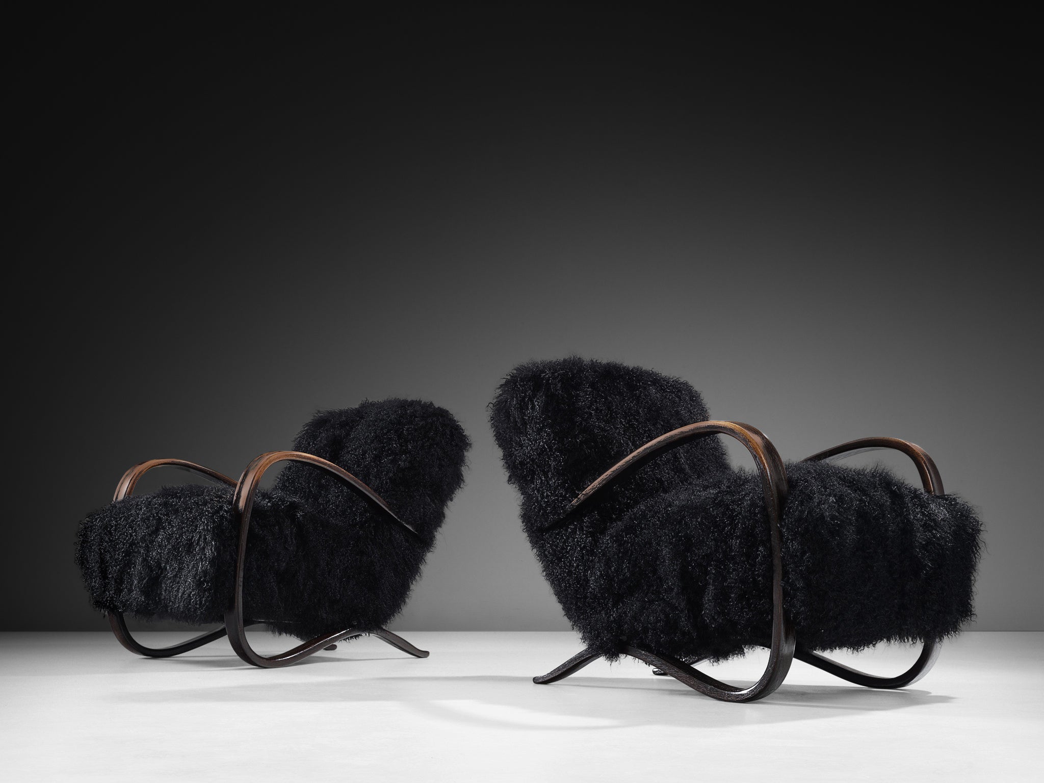 Jindrich Halabala Lounge Chairs in Black Tibetan Lambswool Seating Morentz