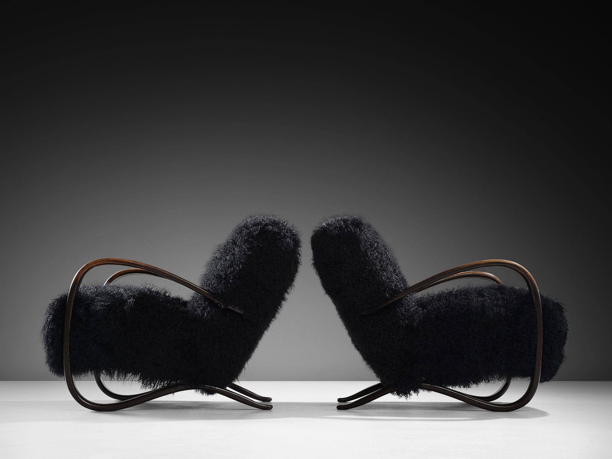 Jindrich Halabala Lounge Chairs in Black Tibetan Lambswool Seating Morentz