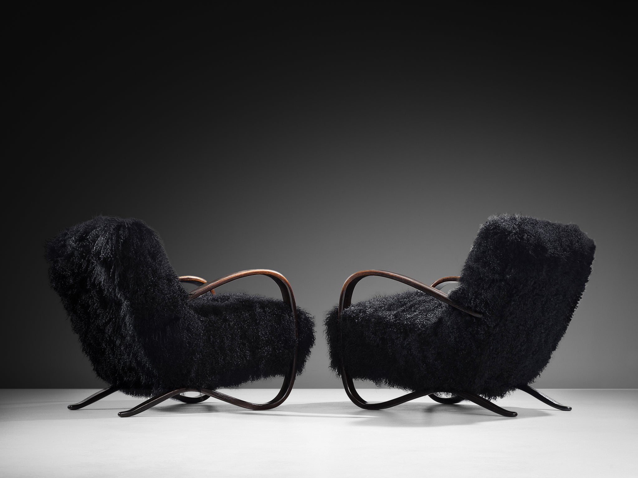 Jindrich Halabala Lounge Chairs in Black Tibetan Lambswool Seating Morentz