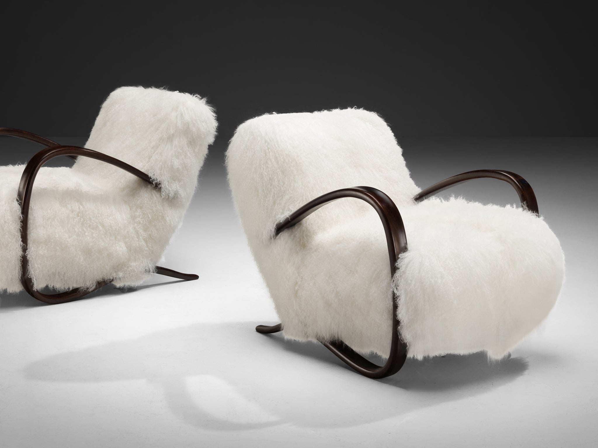 Jindrich Halabala Lounge Chairs in White Tibetan Lambswool Seating Morentz