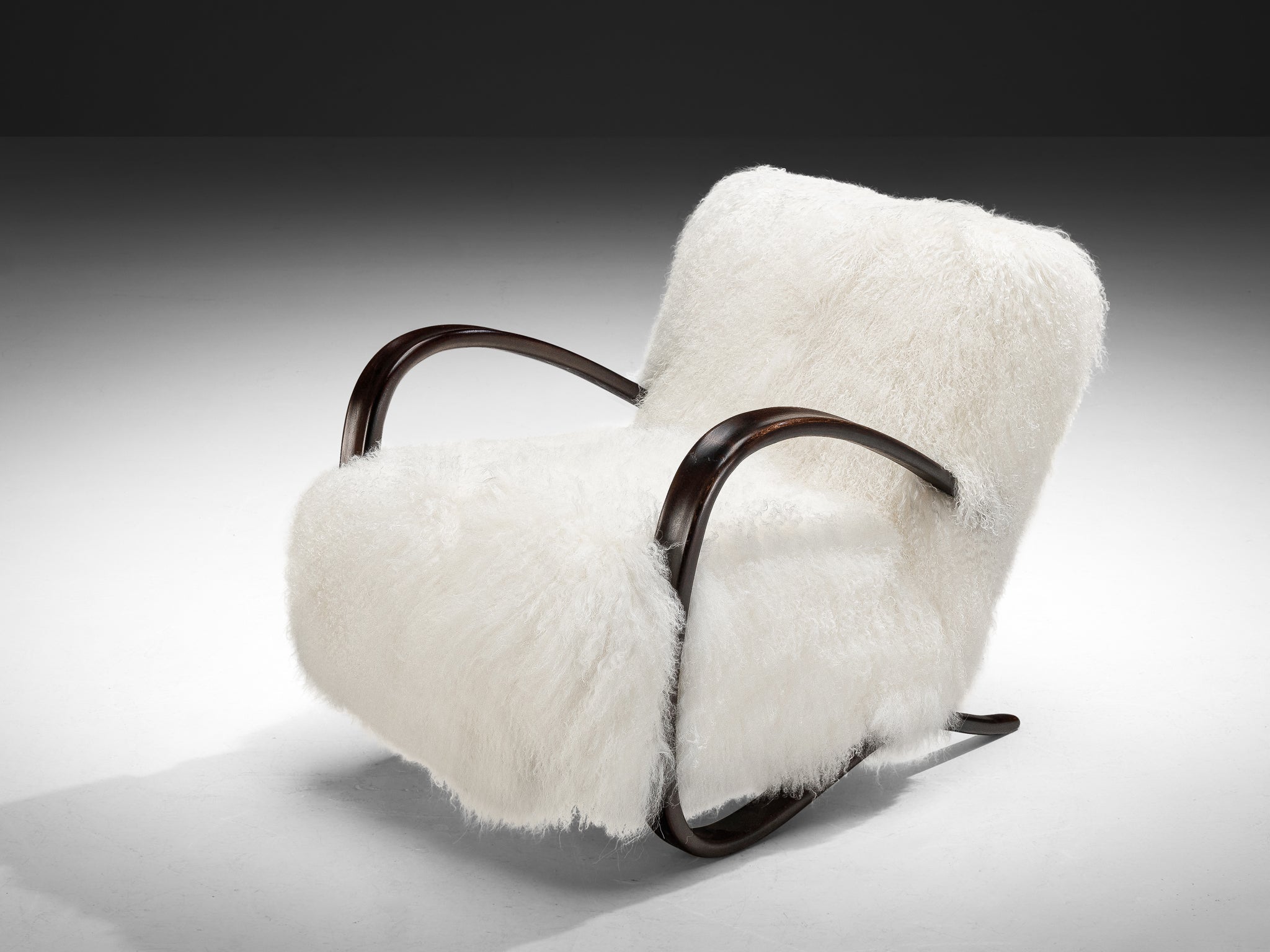 Jindrich Halabala Lounge Chairs in White Tibetan Lambswool Seating Morentz