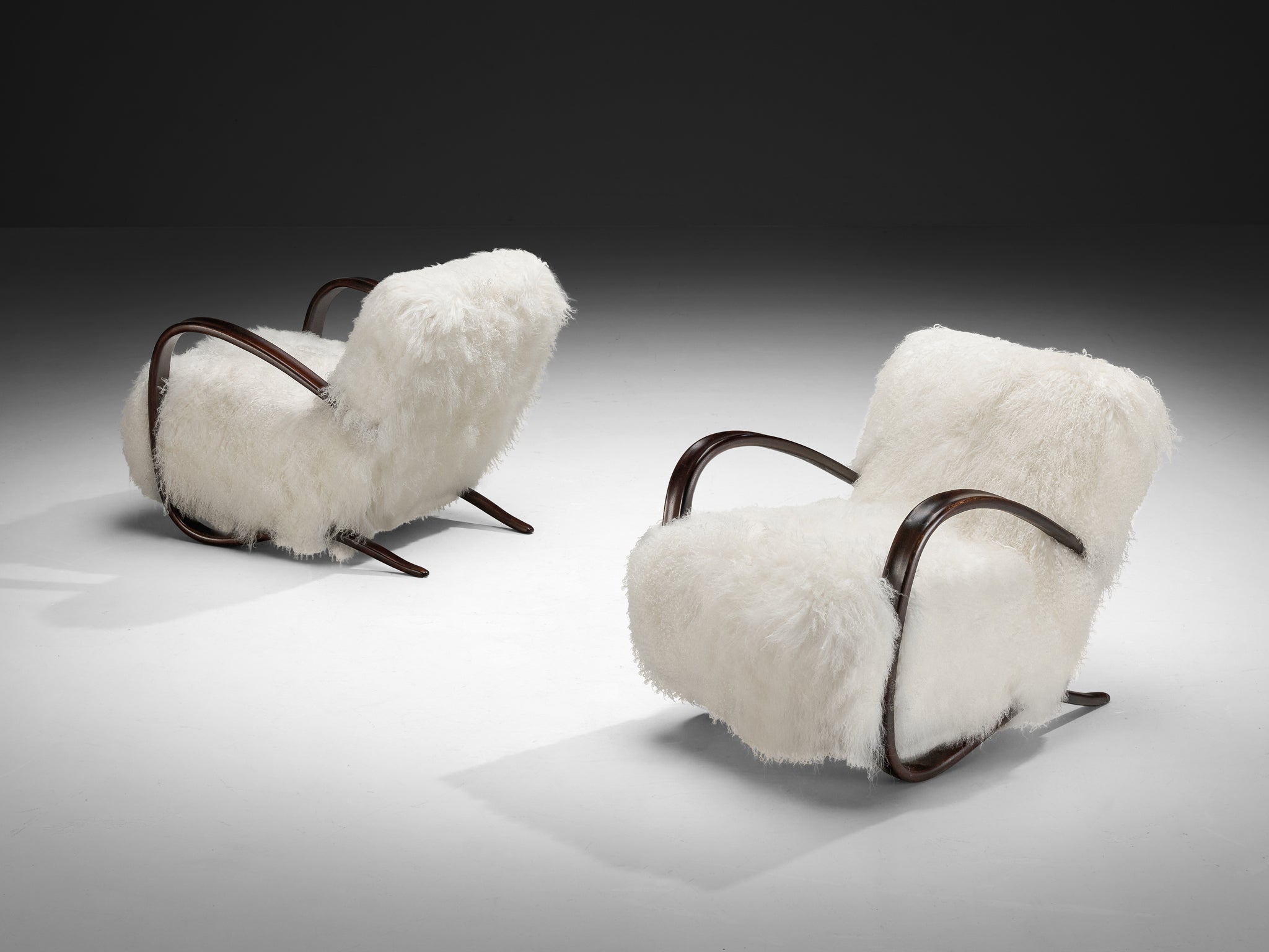 Jindrich Halabala Lounge Chairs in White Tibetan Lambswool Seating Morentz
