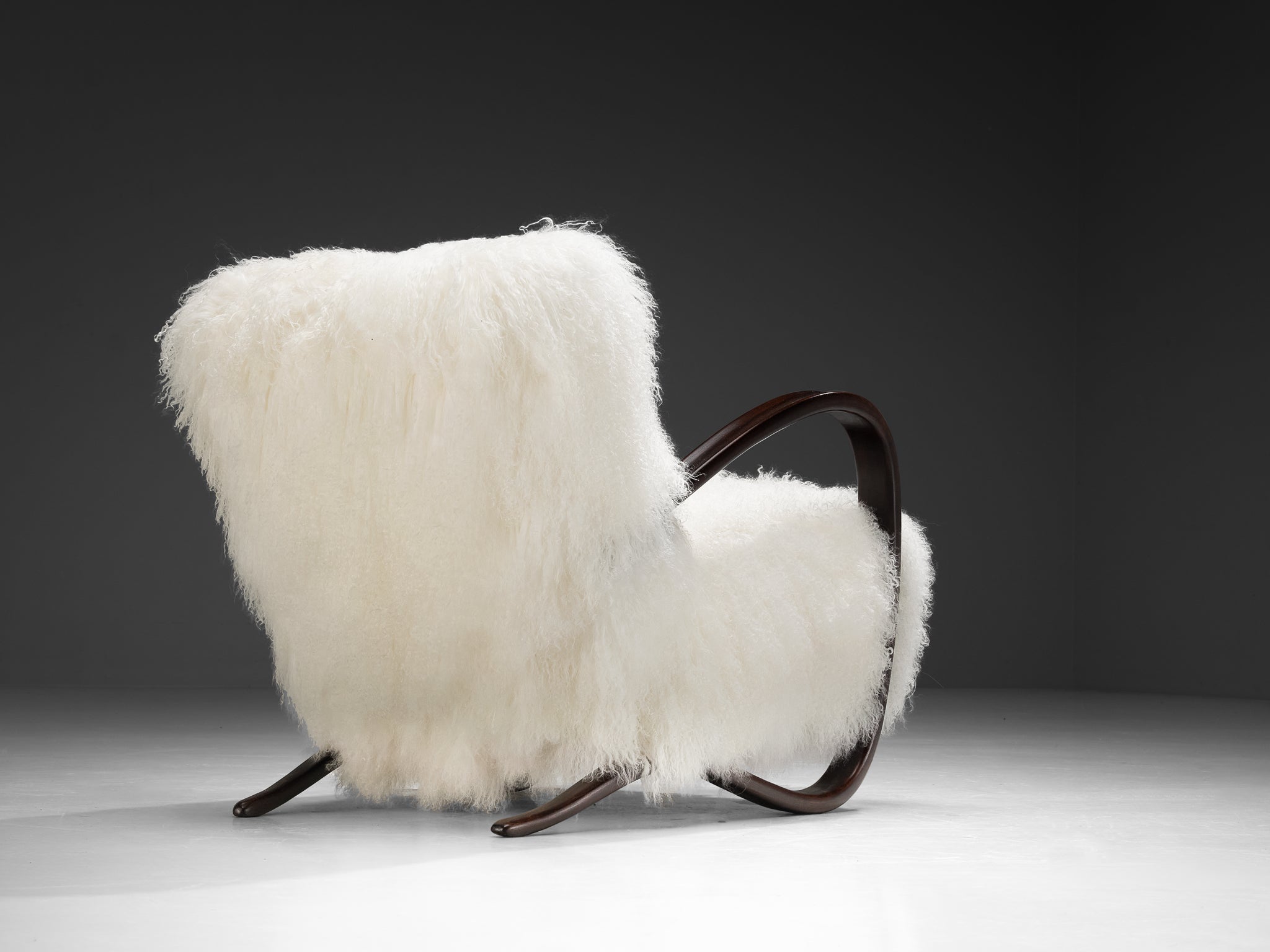 Jindrich Halabala Lounge Chairs in White Tibetan Lambswool Seating Morentz