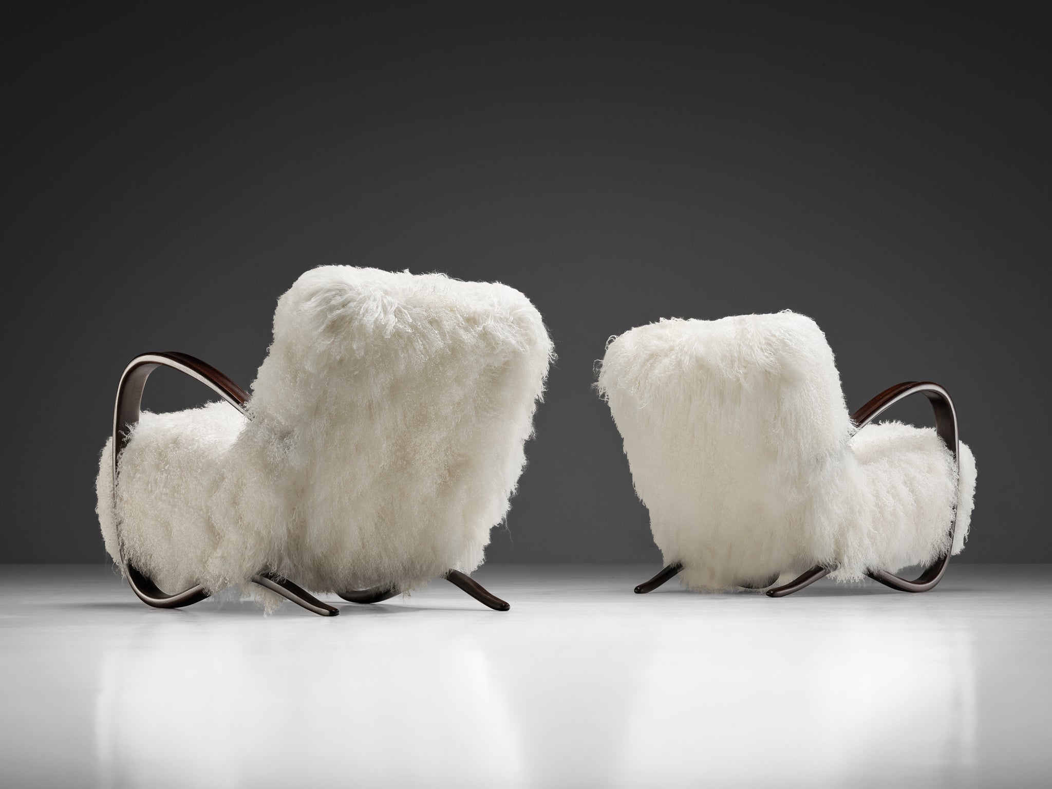Jindrich Halabala Lounge Chairs in White Tibetan Lambswool Seating Morentz