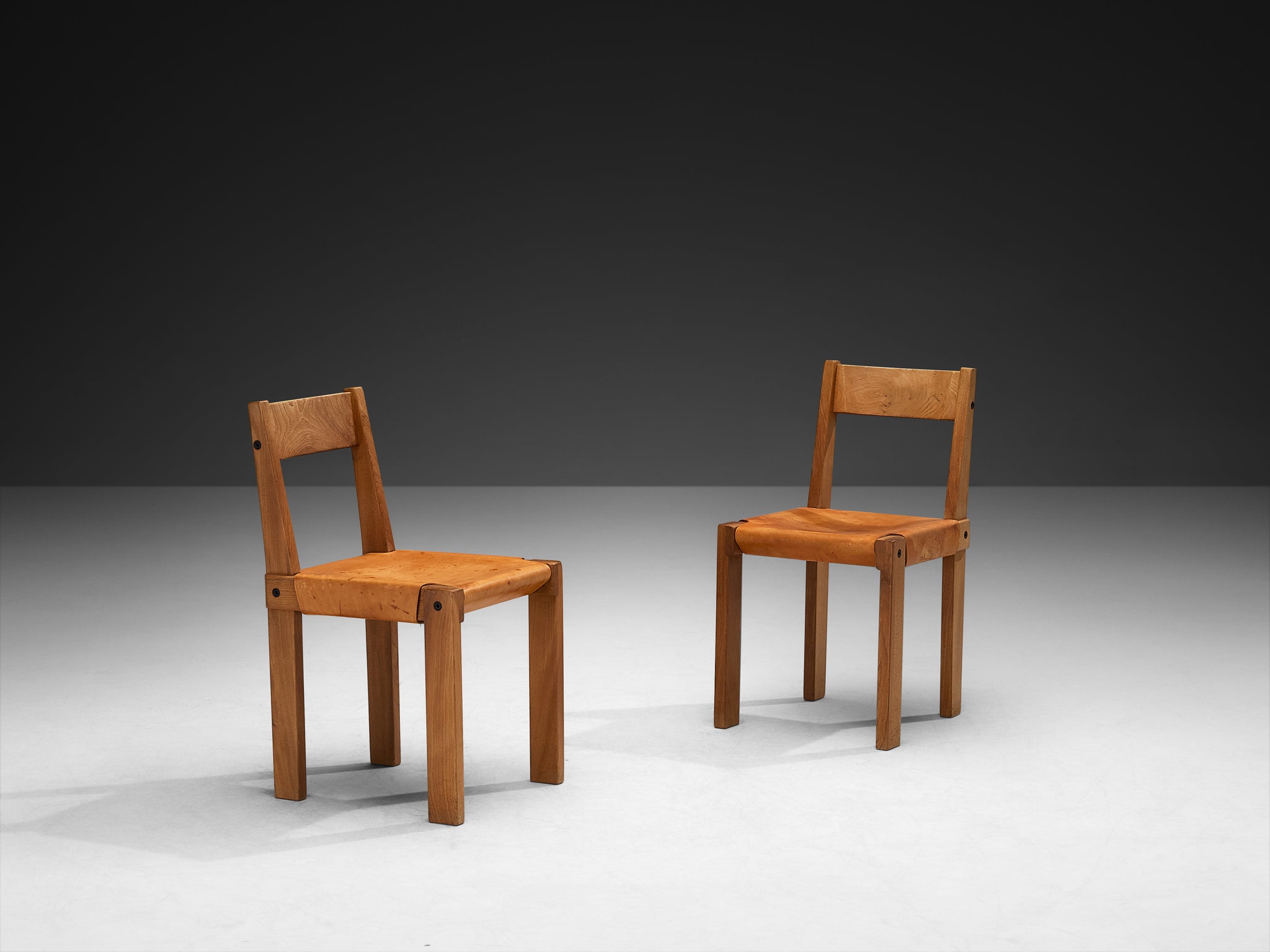 Pierre Chapo Pair of 'S24' Dining Chairs in Cognac Leather and Elm Seating Morentz