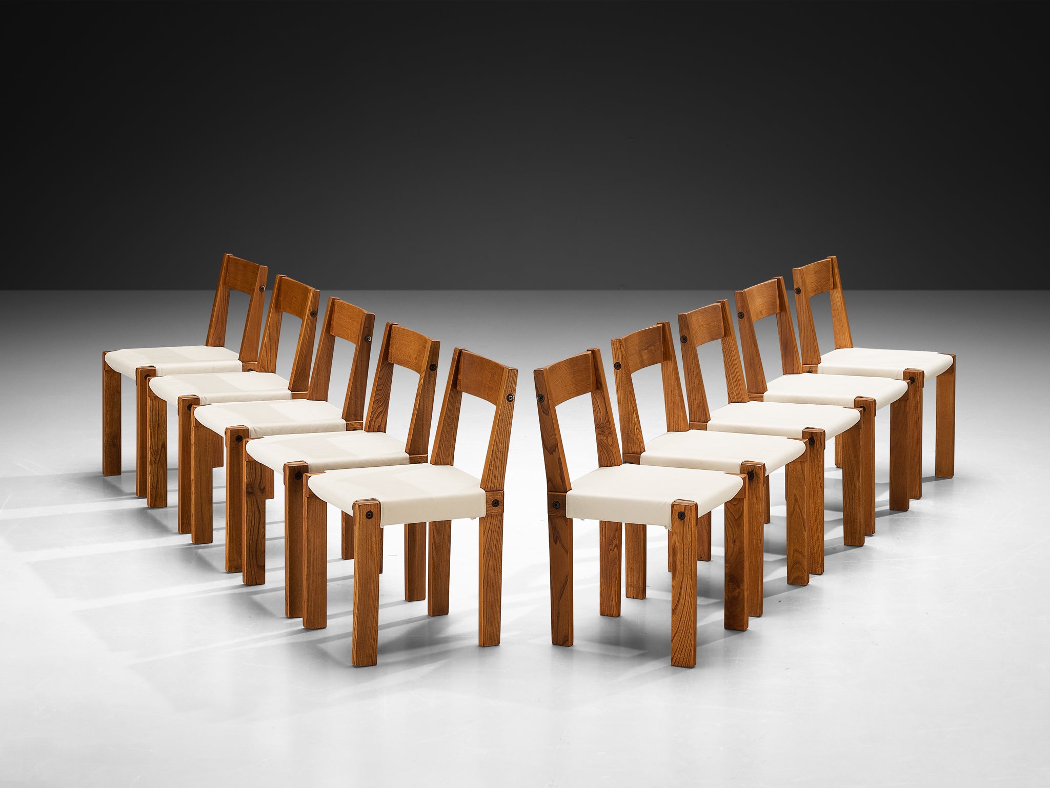 Pierre Chapo Set of Ten 'S24' Dining Chairs in Elm and Canvas Seating Morentz