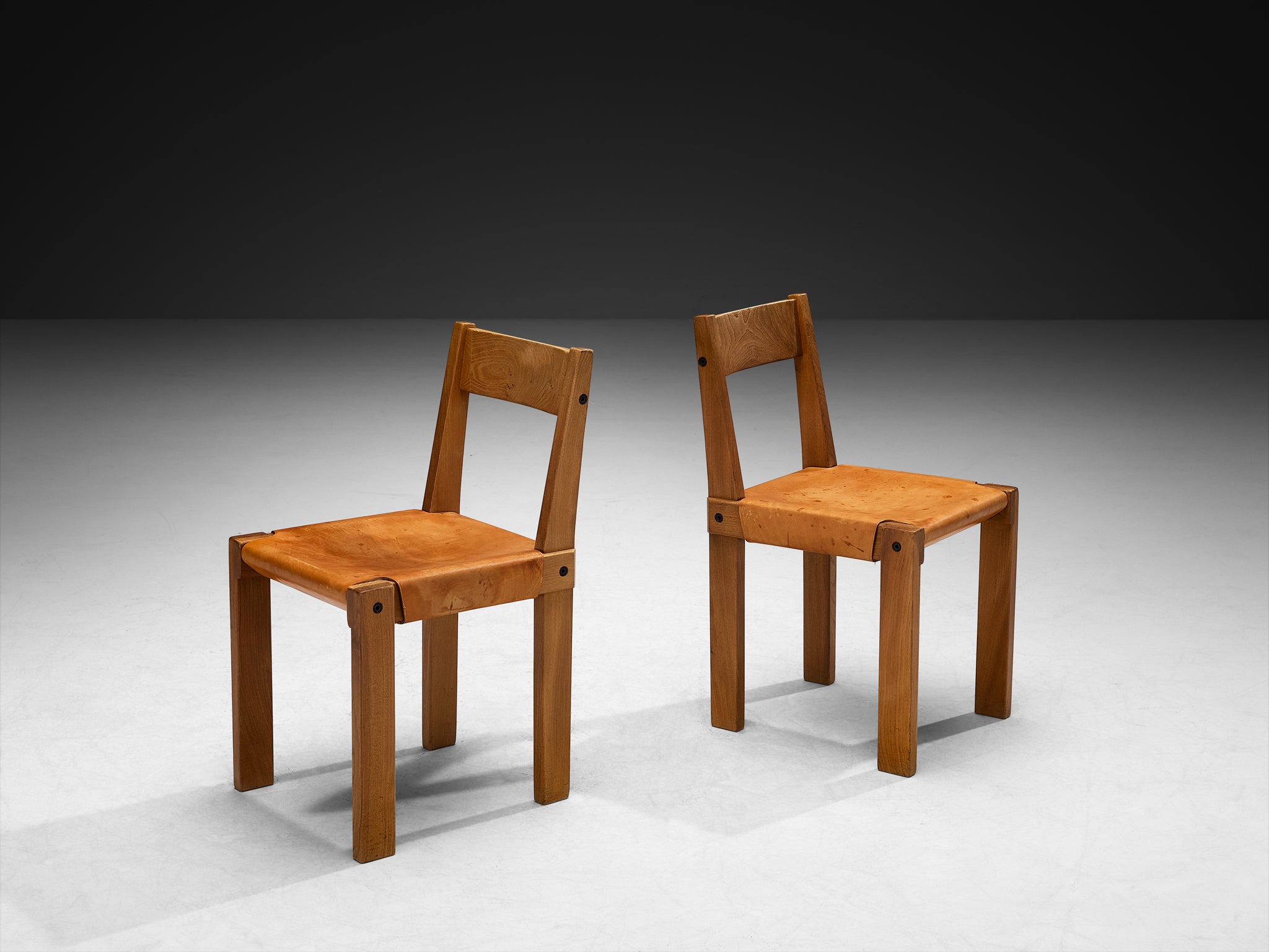 Pierre Chapo Pair of 'S24' Dining Chairs in Cognac Leather and Elm Seating Morentz
