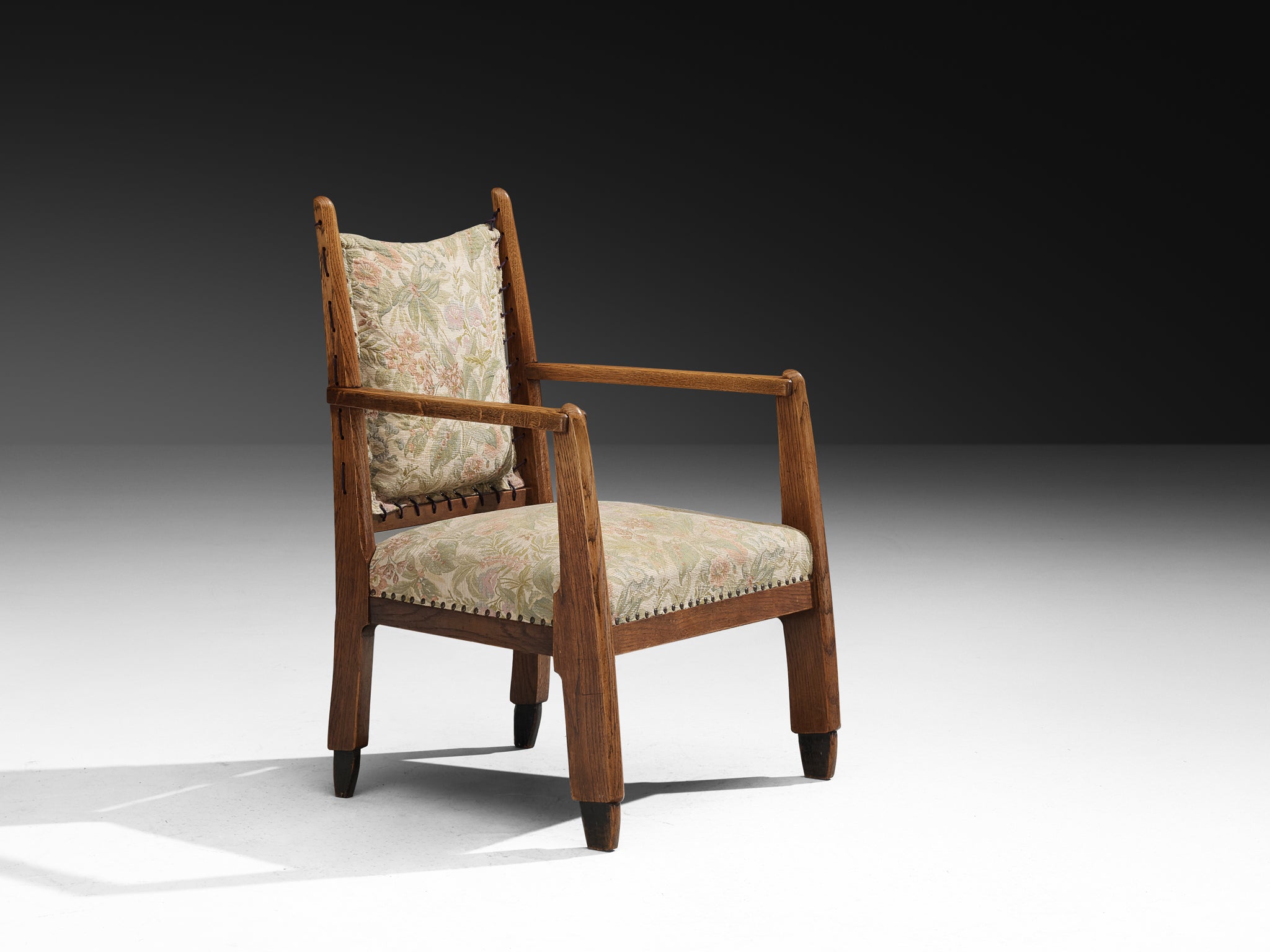 Dutch Art Deco Armchair in Solid Oak and Lace Seating Morentz