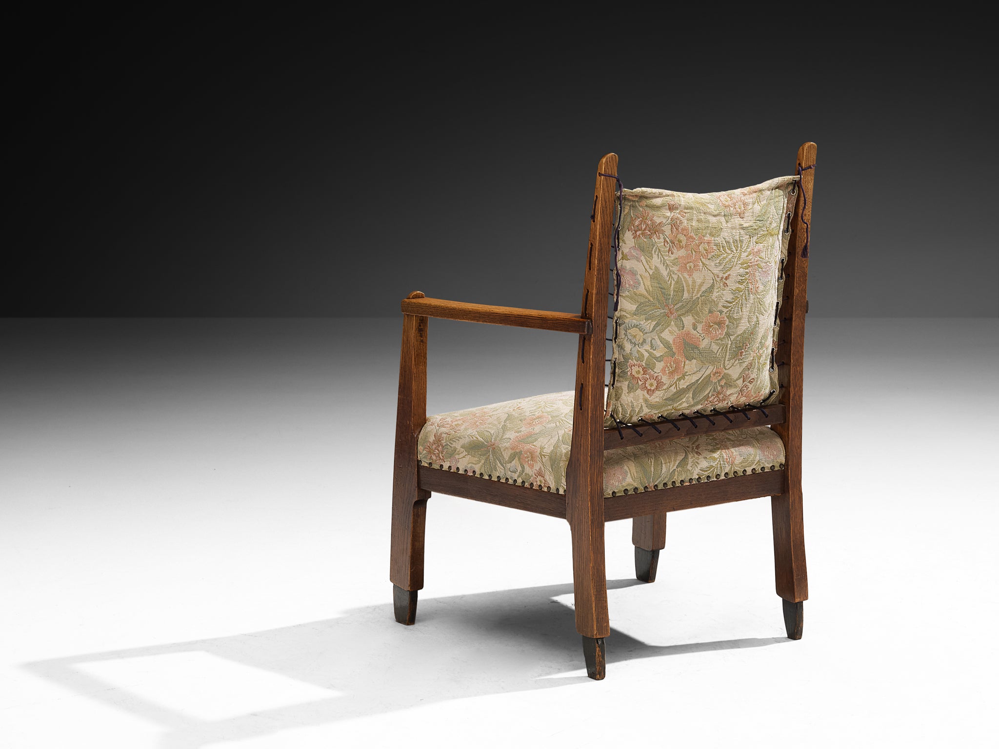 Dutch Art Deco Armchair in Solid Oak and Lace Seating Morentz