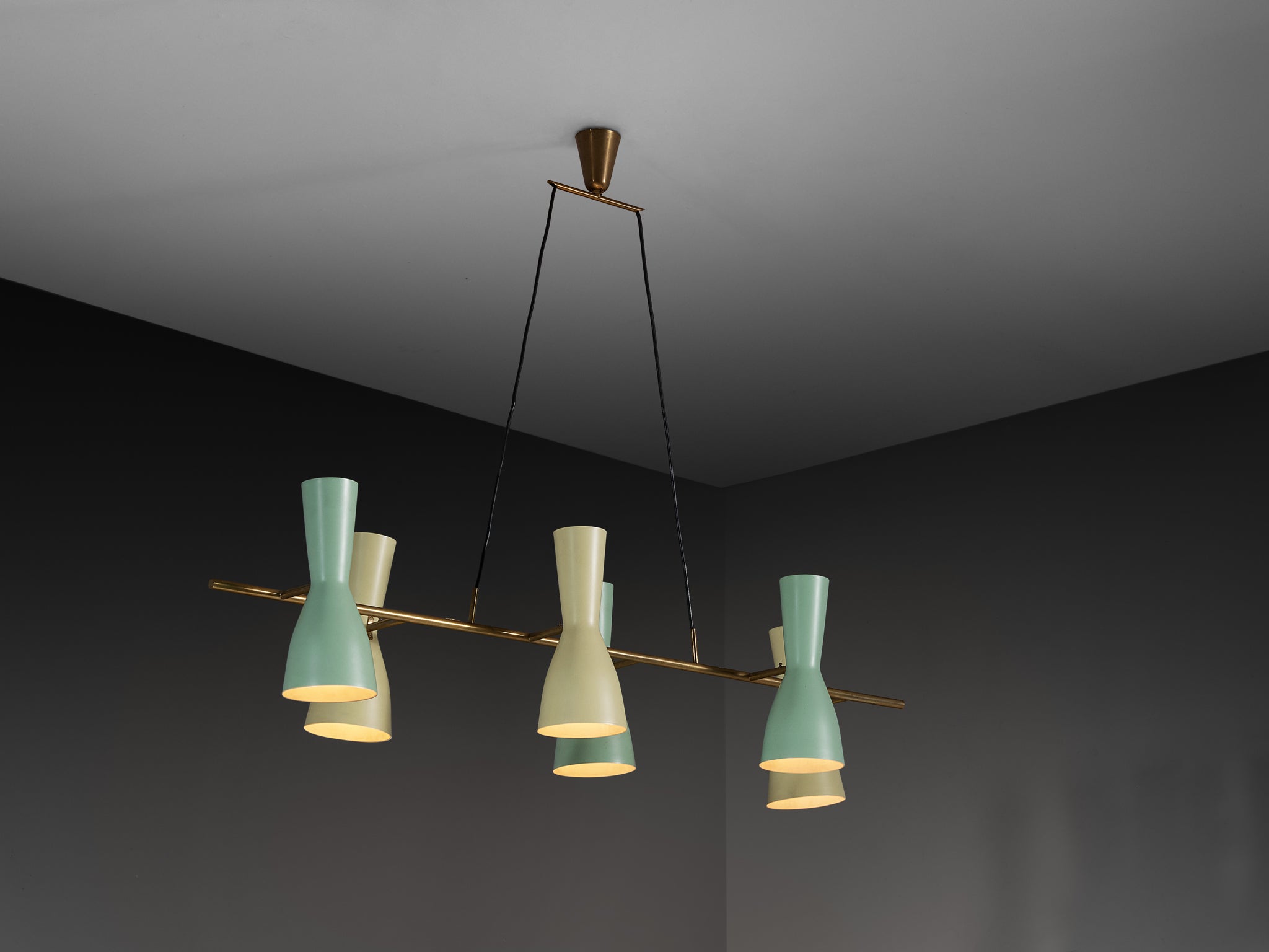 Rare Stilnovo Large Chandelier in Brass with Mint Green and Pastel Yellow Shades Lighting Morentz