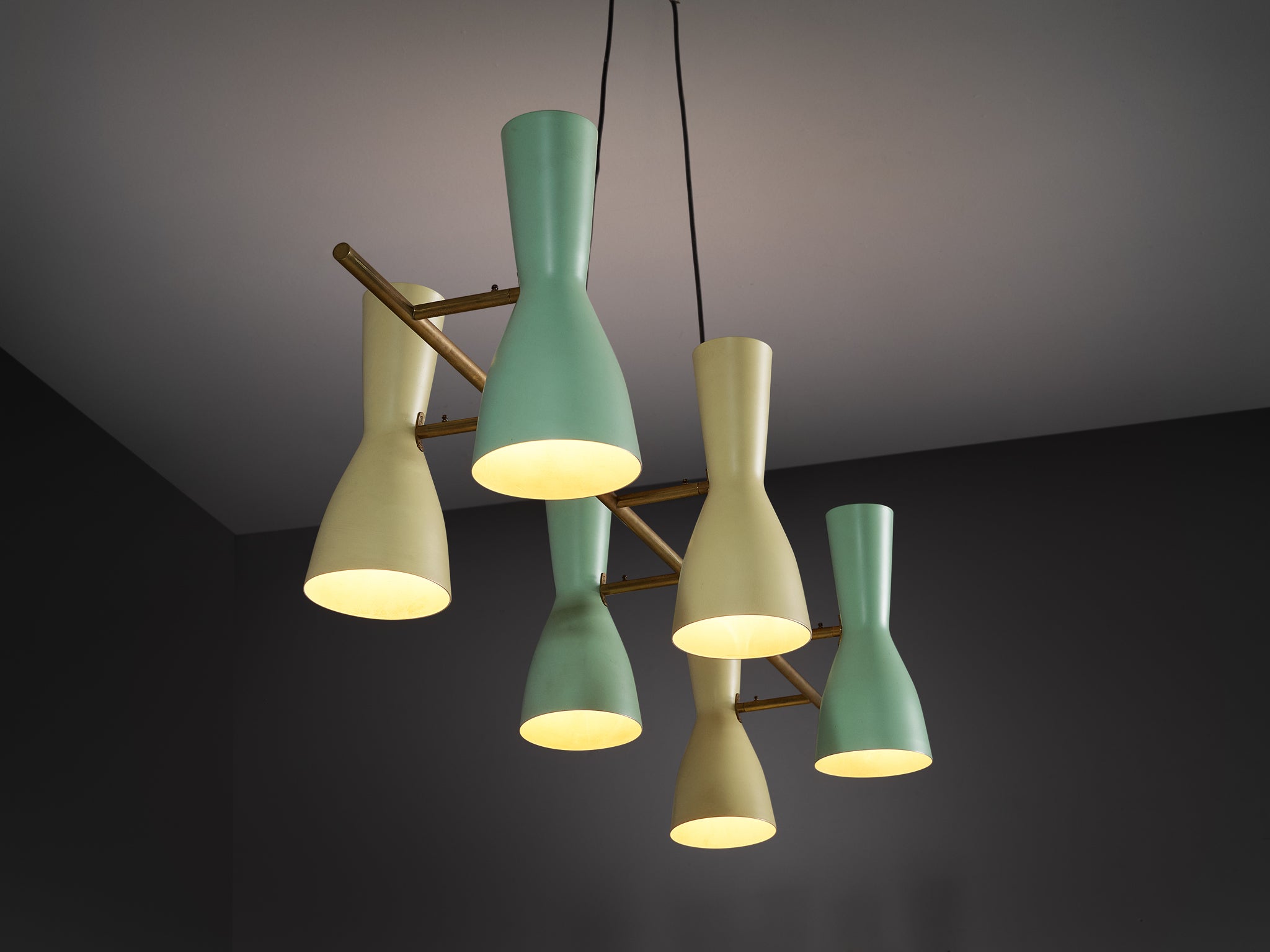 Rare Stilnovo Large Chandelier in Brass with Mint Green and Pastel Yellow Shades Lighting Morentz