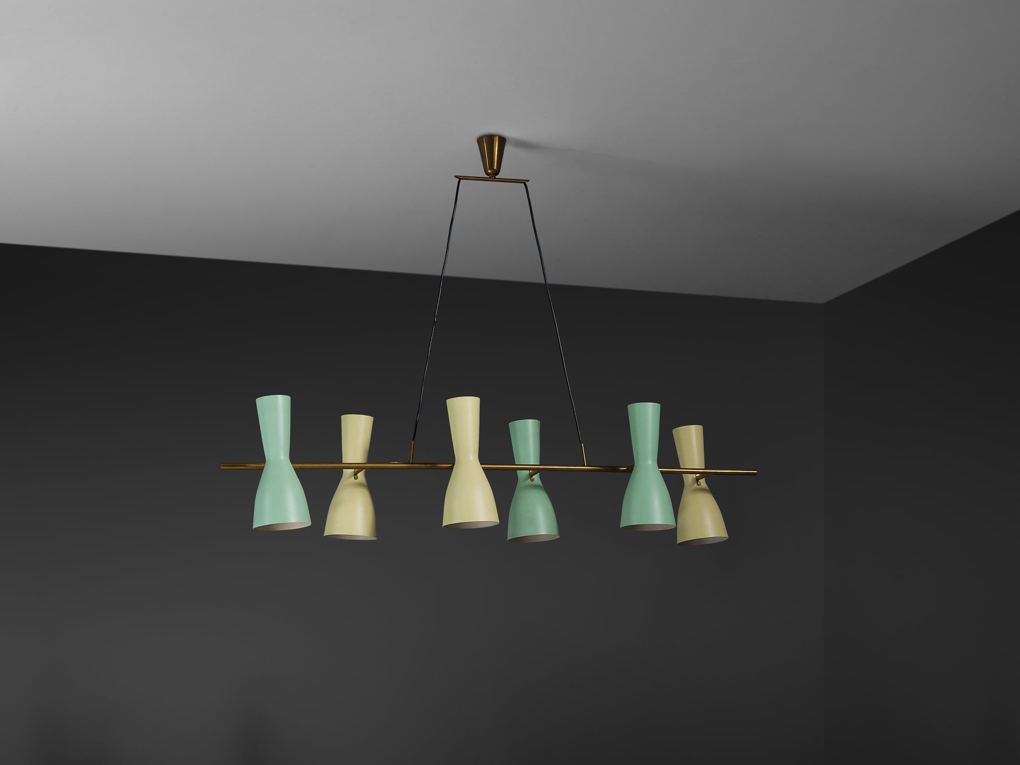 Rare Stilnovo Large Chandelier in Brass with Mint Green and Pastel Yellow Shades Lighting Morentz