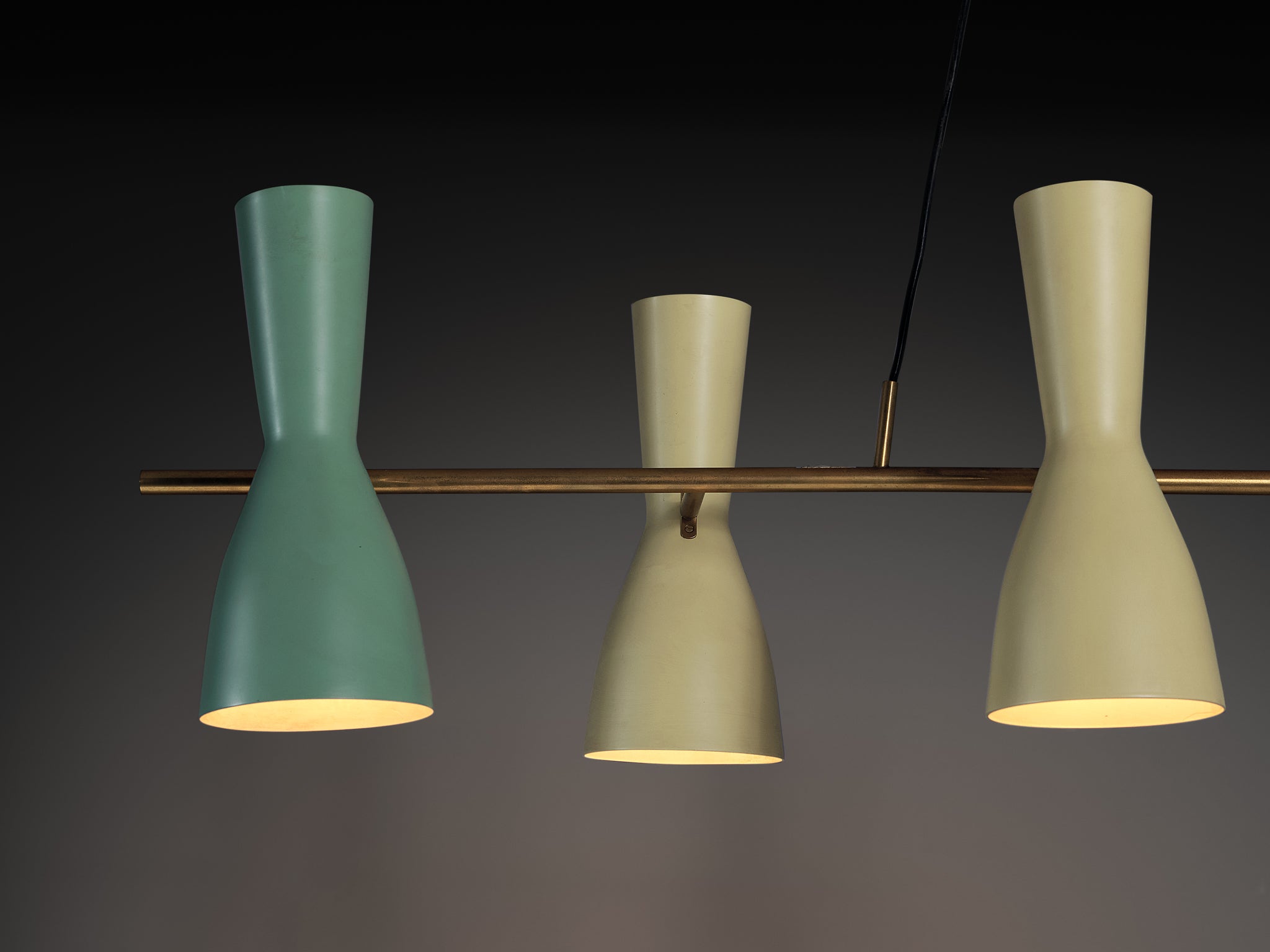 Rare Stilnovo Large Chandelier in Brass with Mint Green and Pastel Yellow Shades Lighting Morentz