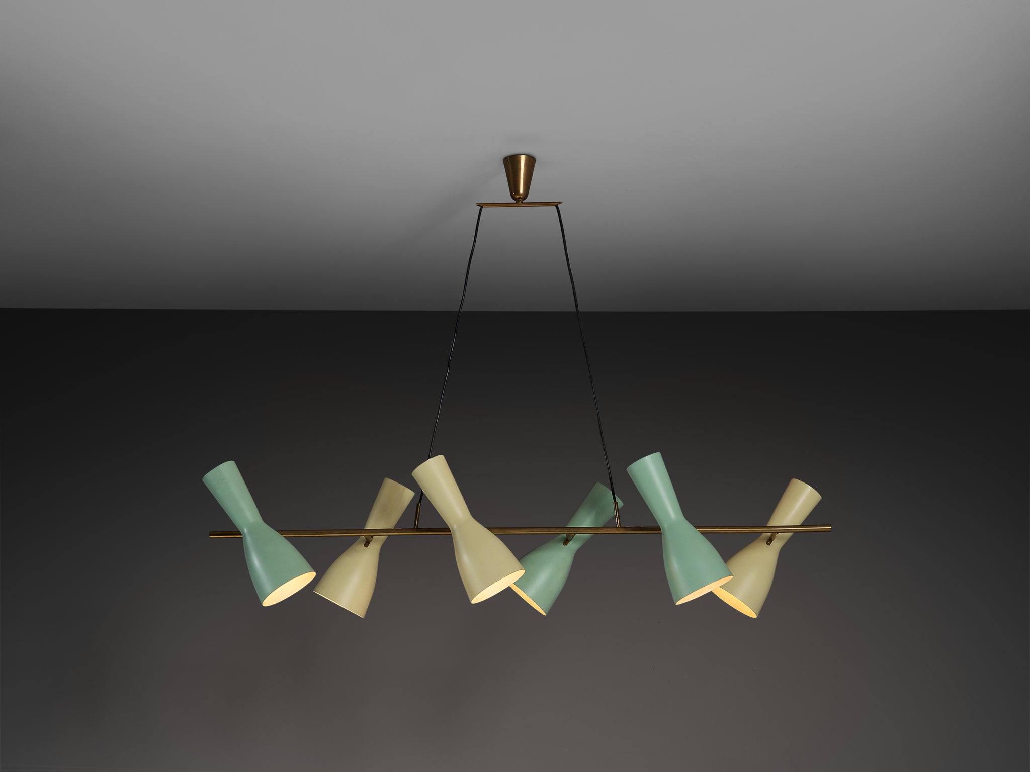 Rare Stilnovo Large Chandelier in Brass with Mint Green and Pastel Yellow Shades