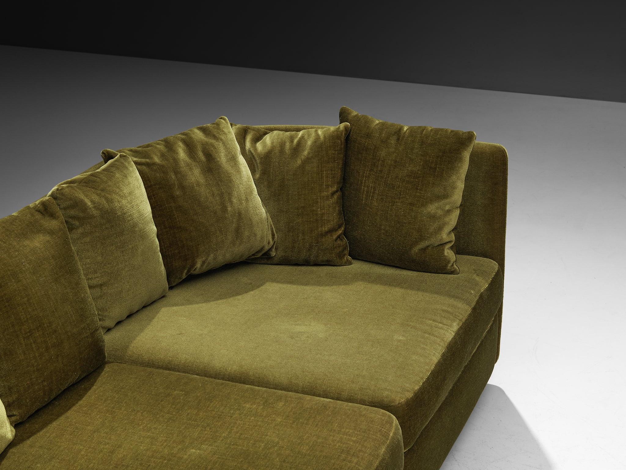 1970s Streamlined Sectional Sofa in Olive Green Velvet Seating Morentz