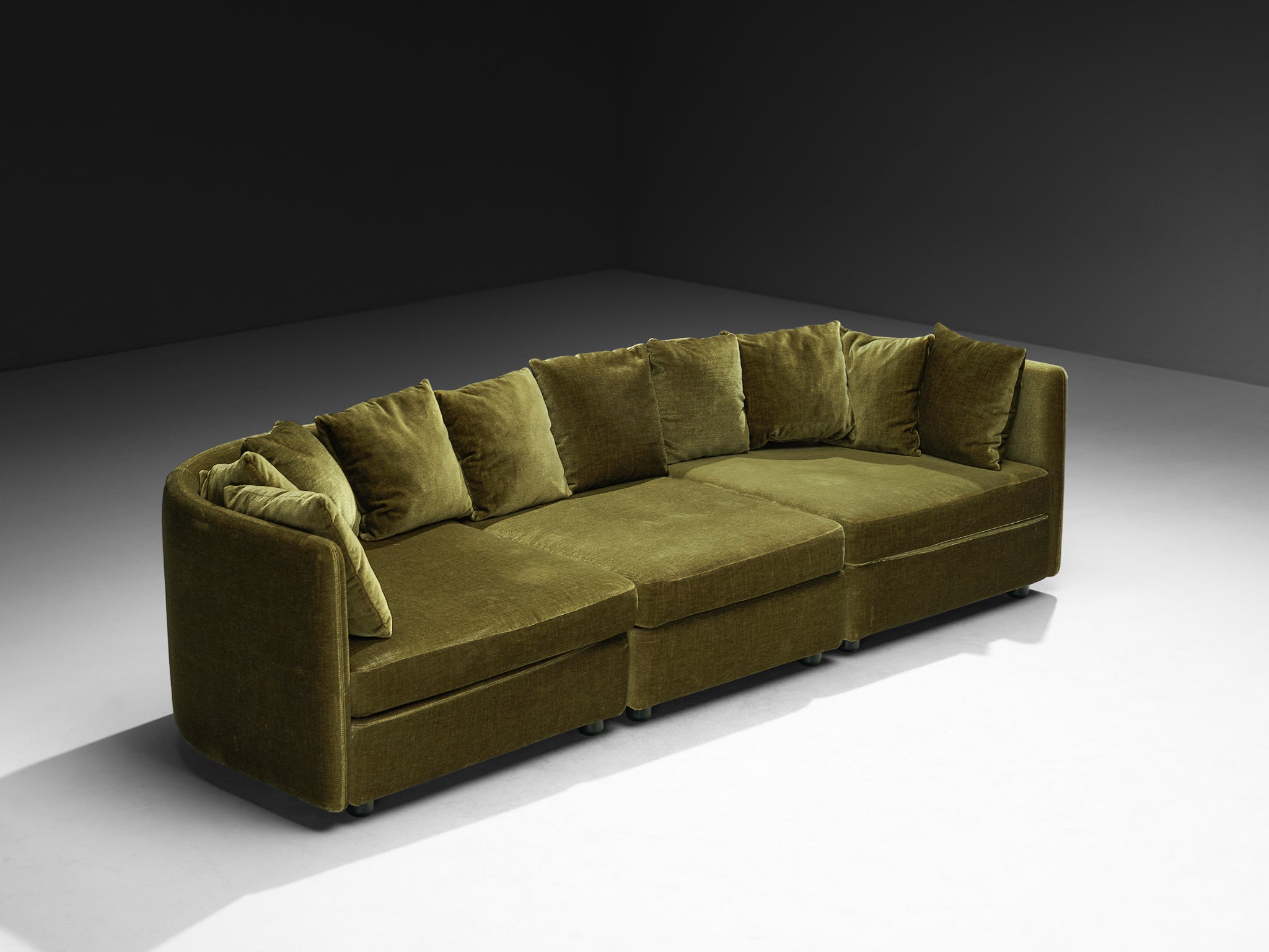 1970s Streamlined Sectional Sofa in Olive Green Velvet Seating Morentz
