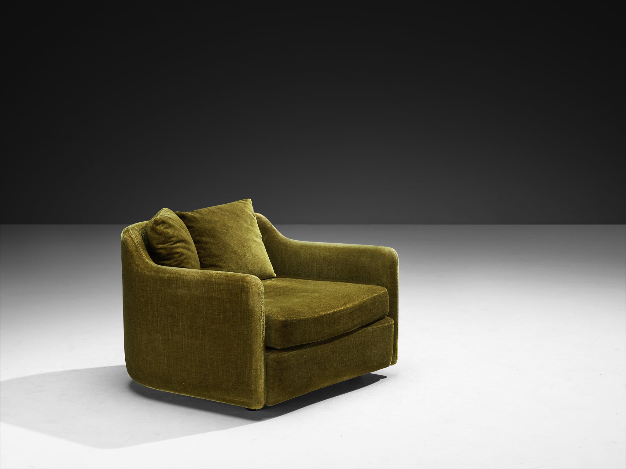 1970s Post-Modern Streamlined Lounge Chair in Olive Green Velvet Seating Morentz