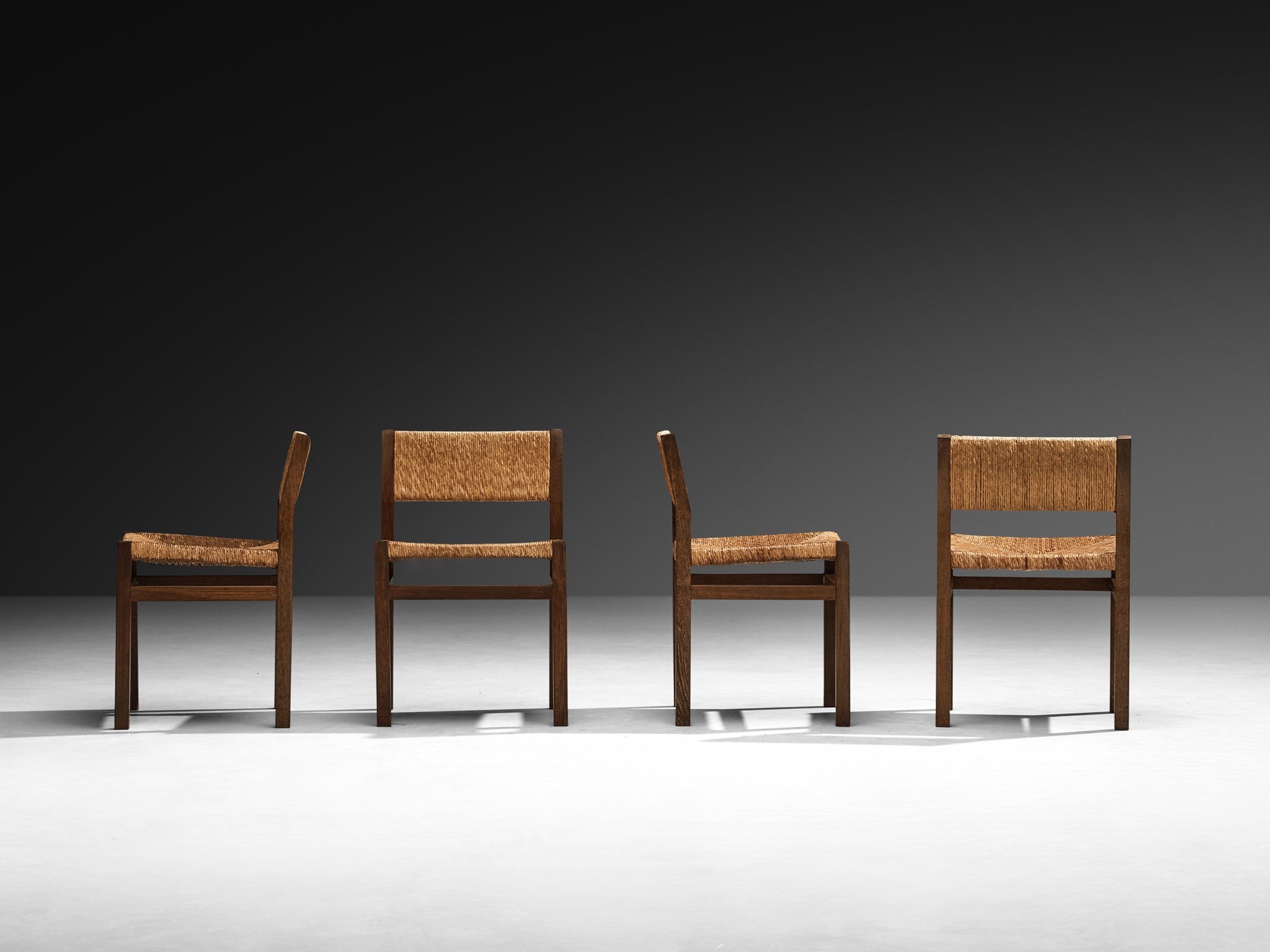 Martin Visser for 't Spectrum Set of Four Dining Chairs in Wenge and Straw Seating Morentz